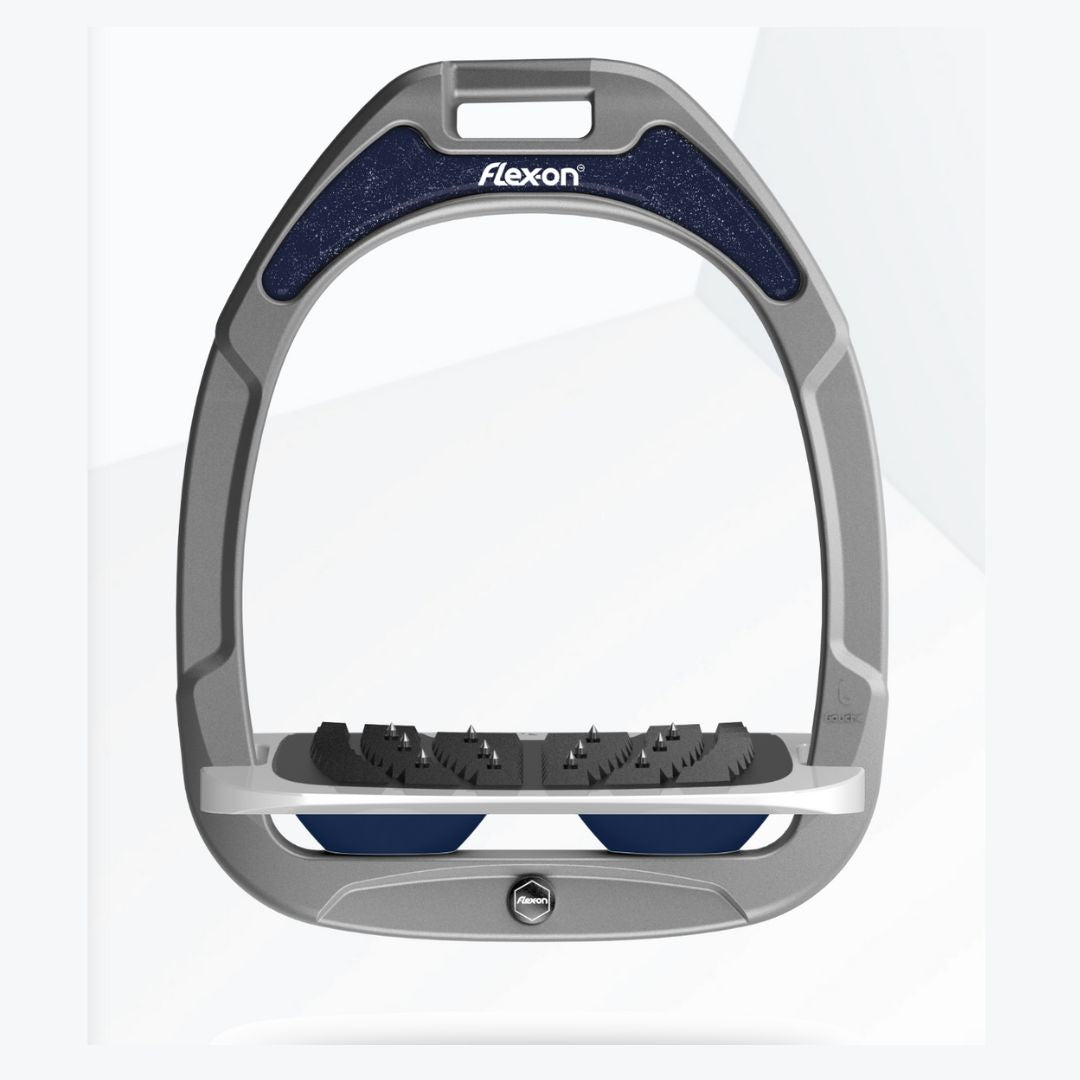 Flex-On Composite Stirrup - Pre-Order Designs | Gray frame & footbed with navy shocks & navy/silver magnet, shown with flat ultra grip footbed | Malvern Saddlery