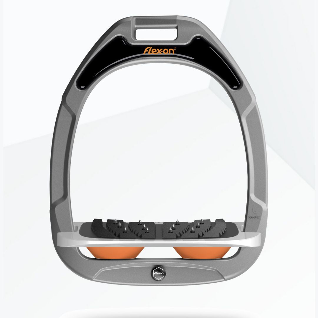Flex-On GC2 composite stirrup with a black magnet featuring the Flex-on logo, a gray footbed, and orange shock absorber  | Tack Shop | Malvern Saddlery
