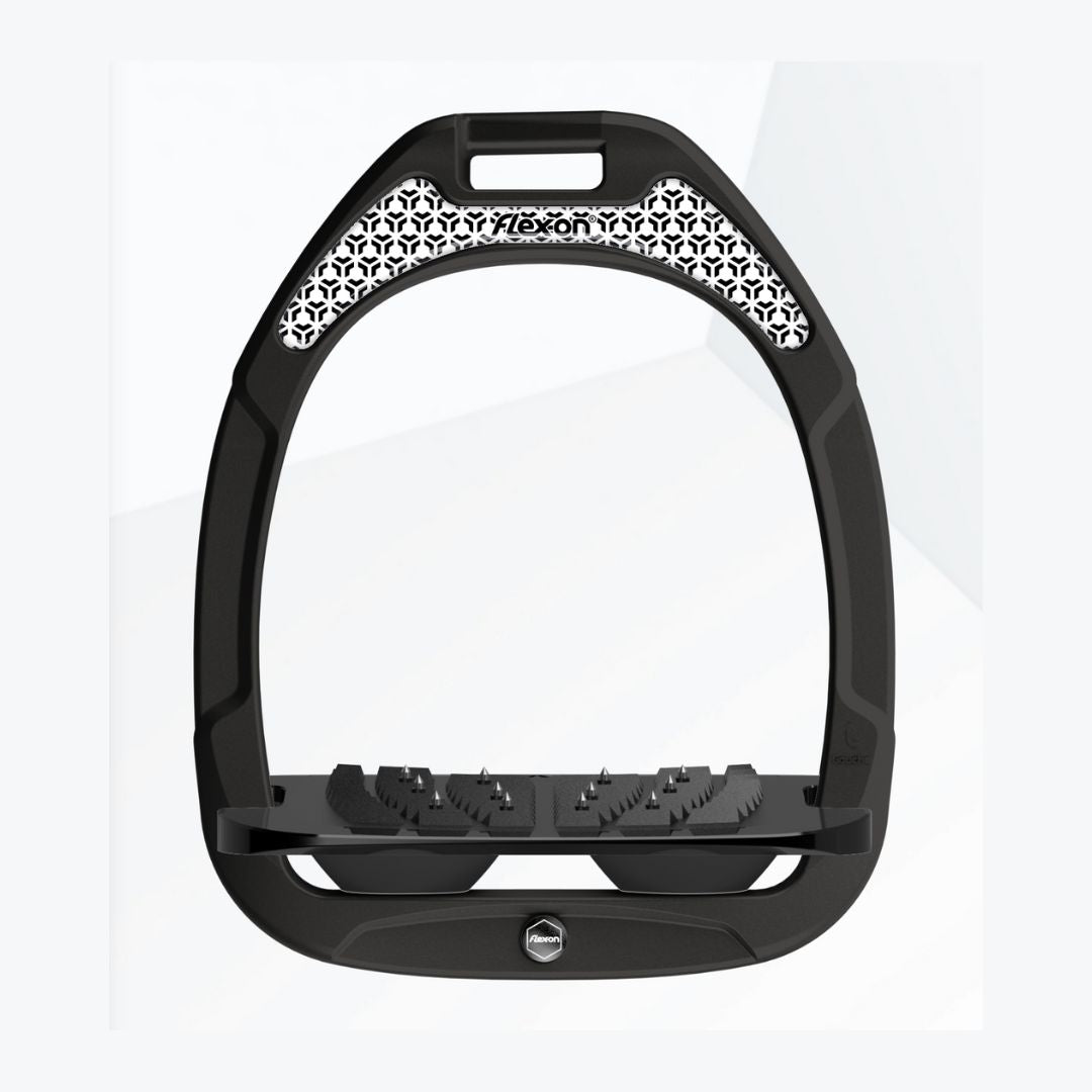Flex-On Composite Stirrup - Pre-Order Designs | Black with black trexon sticker, shown with inclined ultra grip footbed | Malvern Saddlery