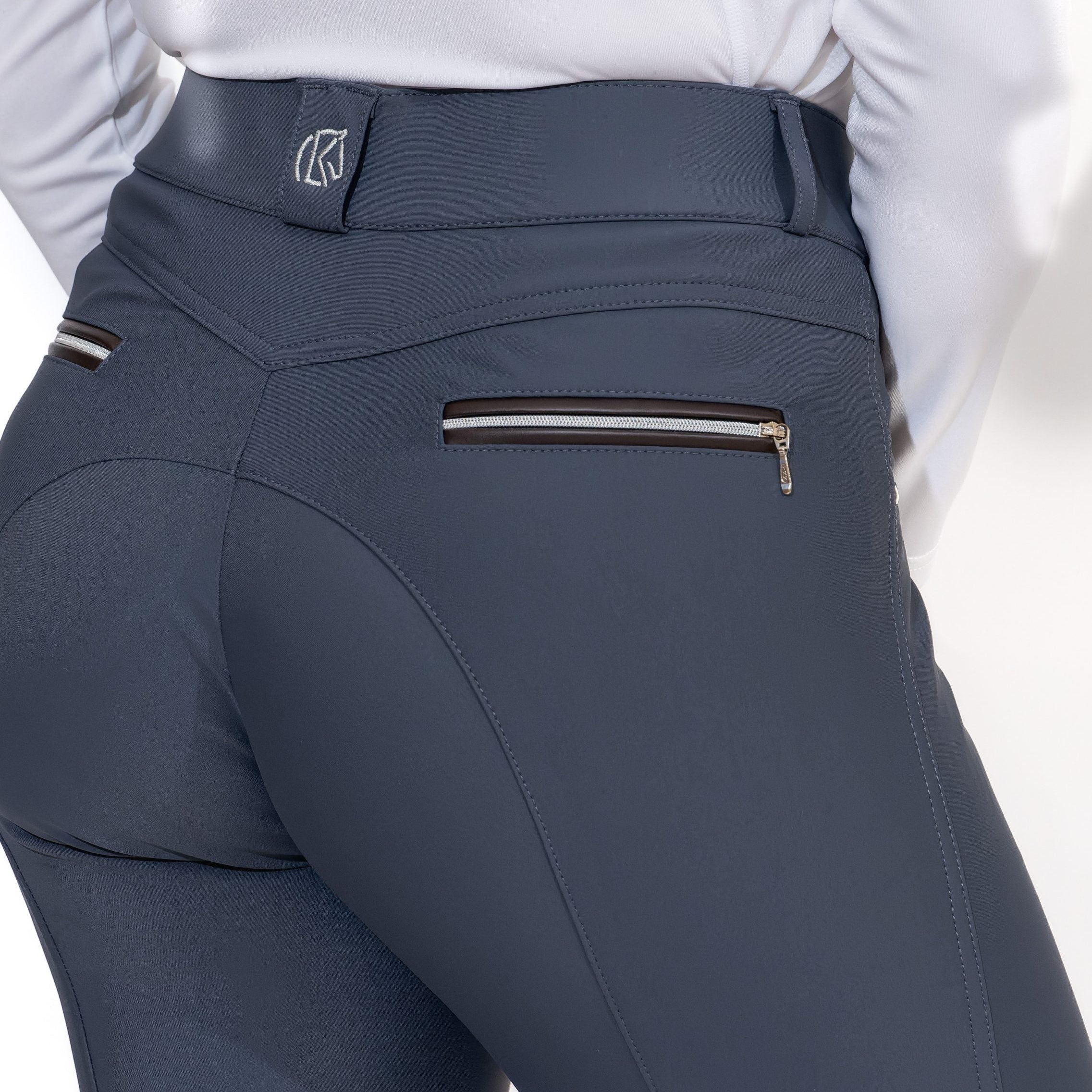 KL Select Gabrielle Knee Grip Breeches - Slate Gray with Espresso Brown piping - back pocket detail, shown on woman | Riding Apparel | Malvern Saddlery