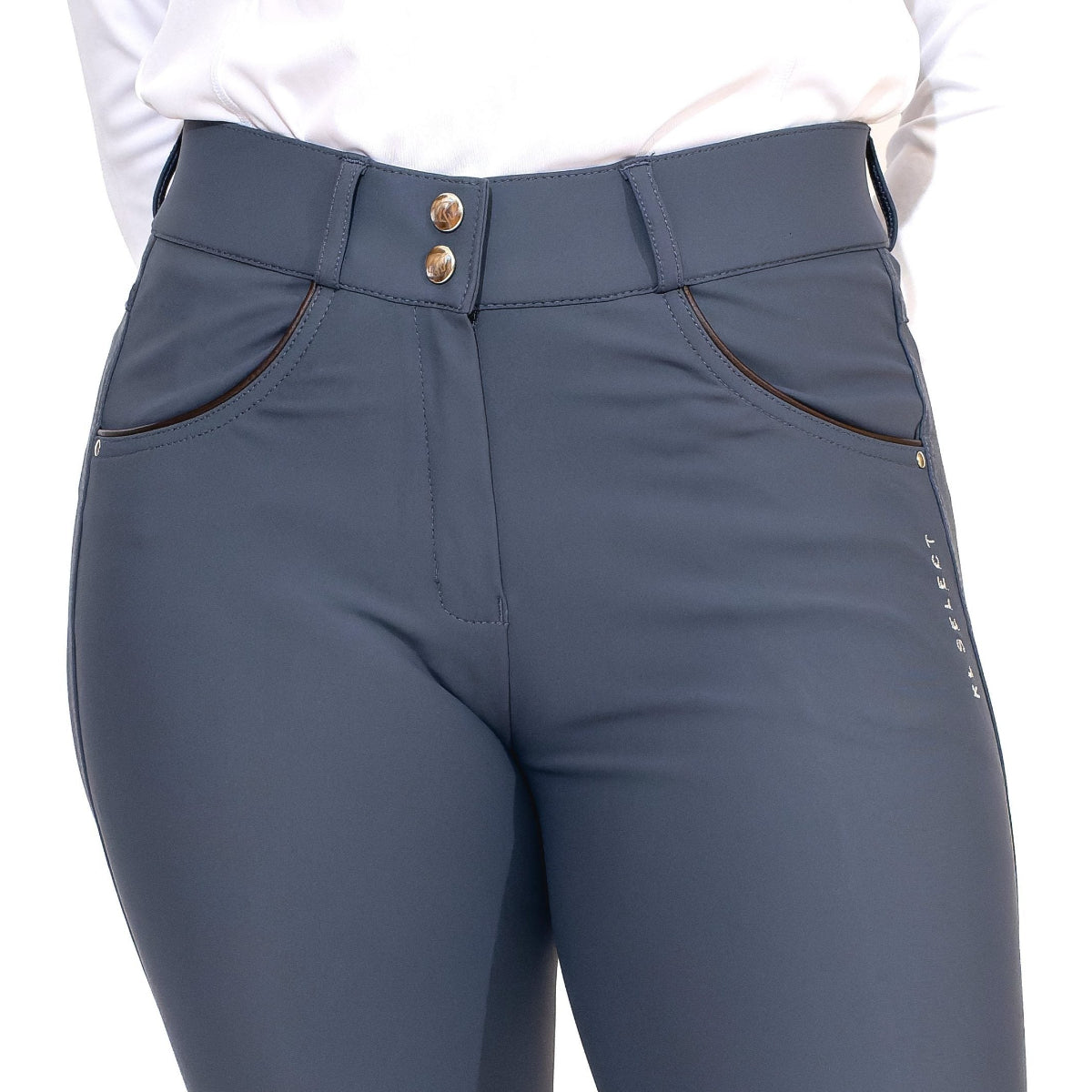 KL Select Gabrielle Knee Grip Breeches - Slate Gray with Espresso Brown piping - front waist & pocket detail, shown on woman | Riding Apparel | Malvern Saddlery