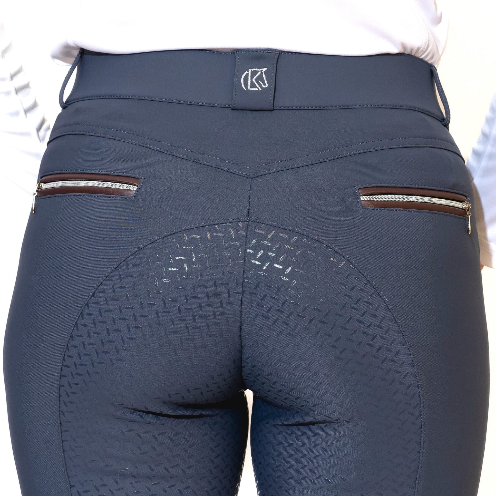 KL Select Gabrielle Full Seat Grip Breeches - Slate Gray with Espresso Brown piping - back pocket & seat detail, shown on woman | Riding Apparel | Malvern Saddlery