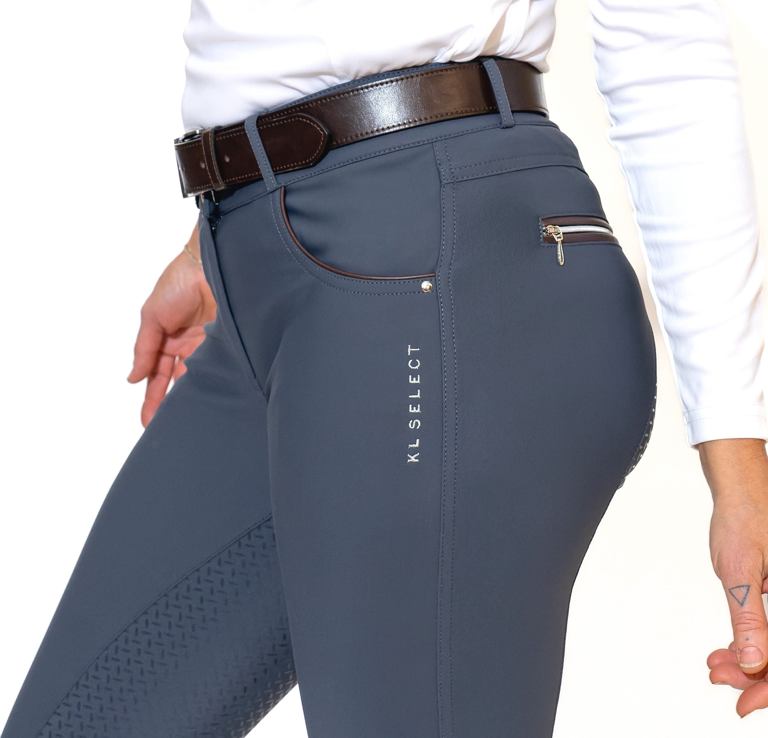KL Select Gabrielle Knee Grip Breeches - Slate Gray with Espresso Brown piping - side view, shown on woman | Riding Apparel | Malvern Saddlery