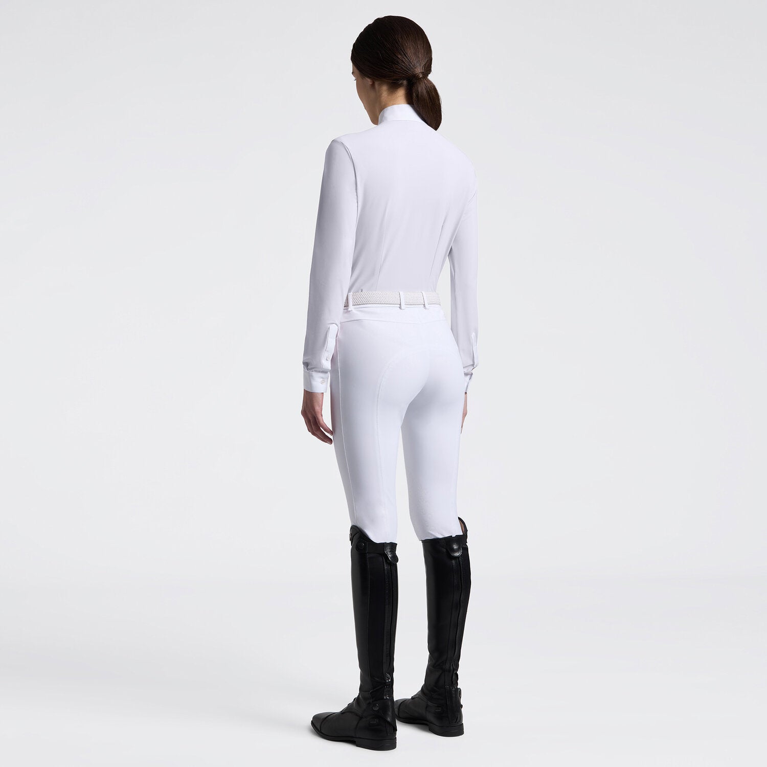 Cavalleria Toscana Women's Long Sleeve Riding Shirt with Embroidery - White; back full body view shown on model; light gray background | Equestrian Show Shirts | Malvern Saddlery