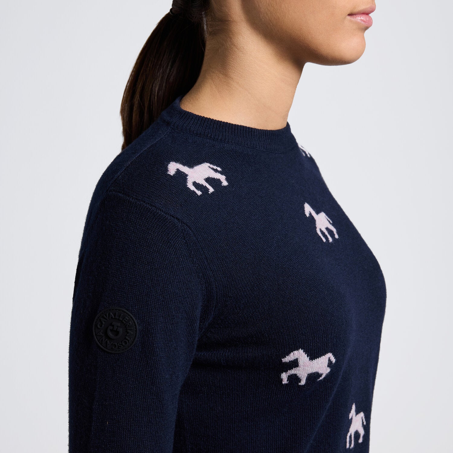 Cavalleria Toscana Girls’ Cashmere Blend Crew Neck Sweater; Navy; detail | Malvern Saddlery