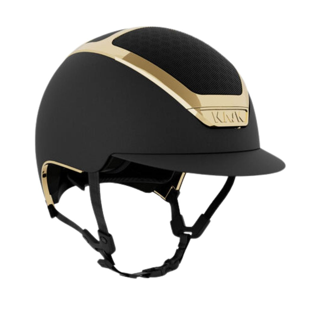 Kask Dogma Chrome Equestrian Helmet - Black Matte with Gold Frame; on white background | Standard Brim English Riding Helmets | Malvern Saddlery