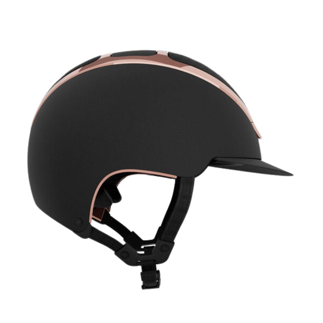 Kask Dogma Chrome Equestrian Helmet - Black Matte with Rose Gold Frame; side view on white background | Standard Brim English Riding Helmets | Malvern Saddlery
