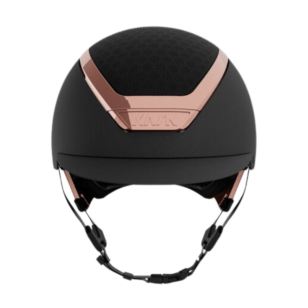 Kask Dogma Chrome Equestrian Helmet - Black Matte with Rose Gold Frame; front view on white background | Standard Brim English Riding Helmets | Malvern Saddlery