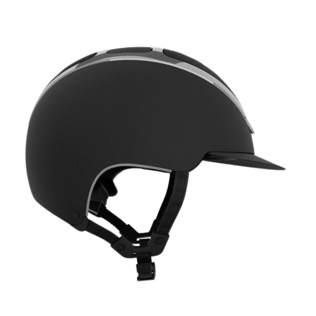 Kask Dogma Chrome Equestrian Helmet - Black Matte with Silver Frame; side view on white background | Standard Brim English Riding Helmets | Malvern Saddlery