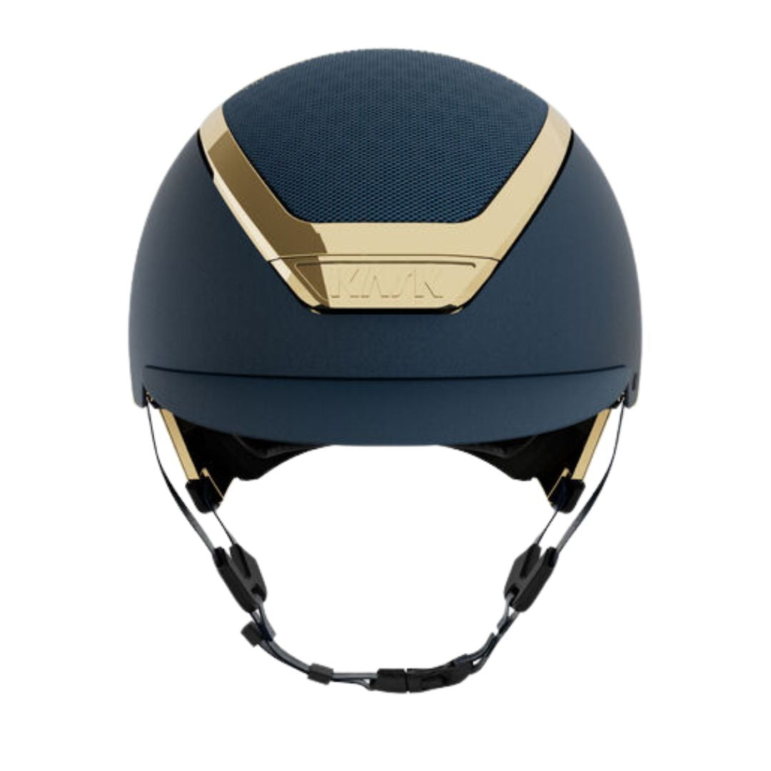 Kask Dogma Chrome Equestrian Helmet - Navy Matte with Gold Frame; front view on white background | Standard Brim English Riding Helmets | Malvern Saddlery
