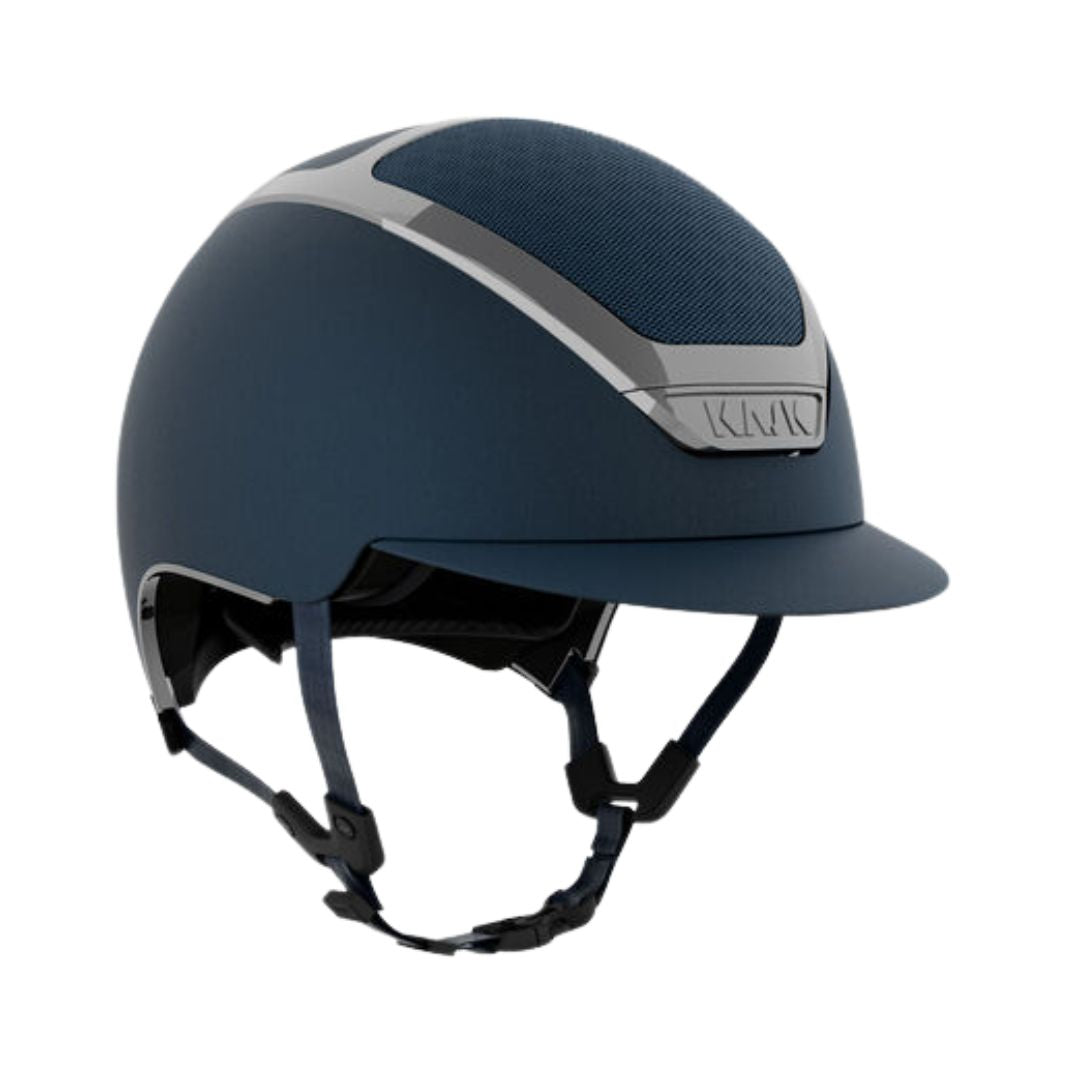 Kask Dogma Chrome Equestrian Helmet - Navy Matte with Silver Frame; on white background | Standard Brim English Riding Helmets | Malvern Saddlery