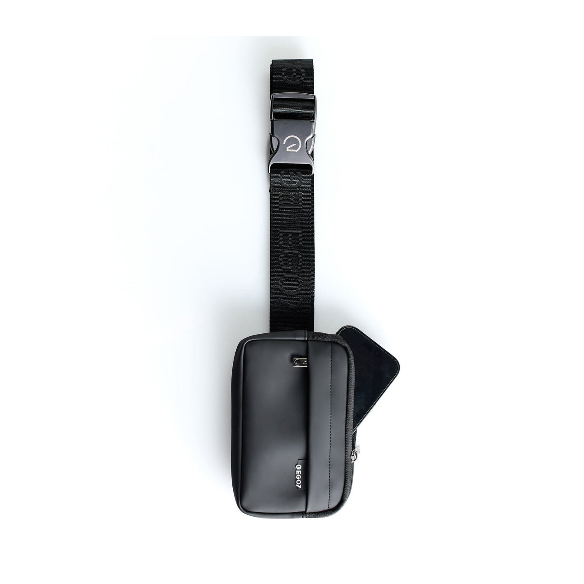 Black EGO7 Agnes Pouch laid flat with extended adjustable waist strap, quick-release buckle, and phone pouch attachment