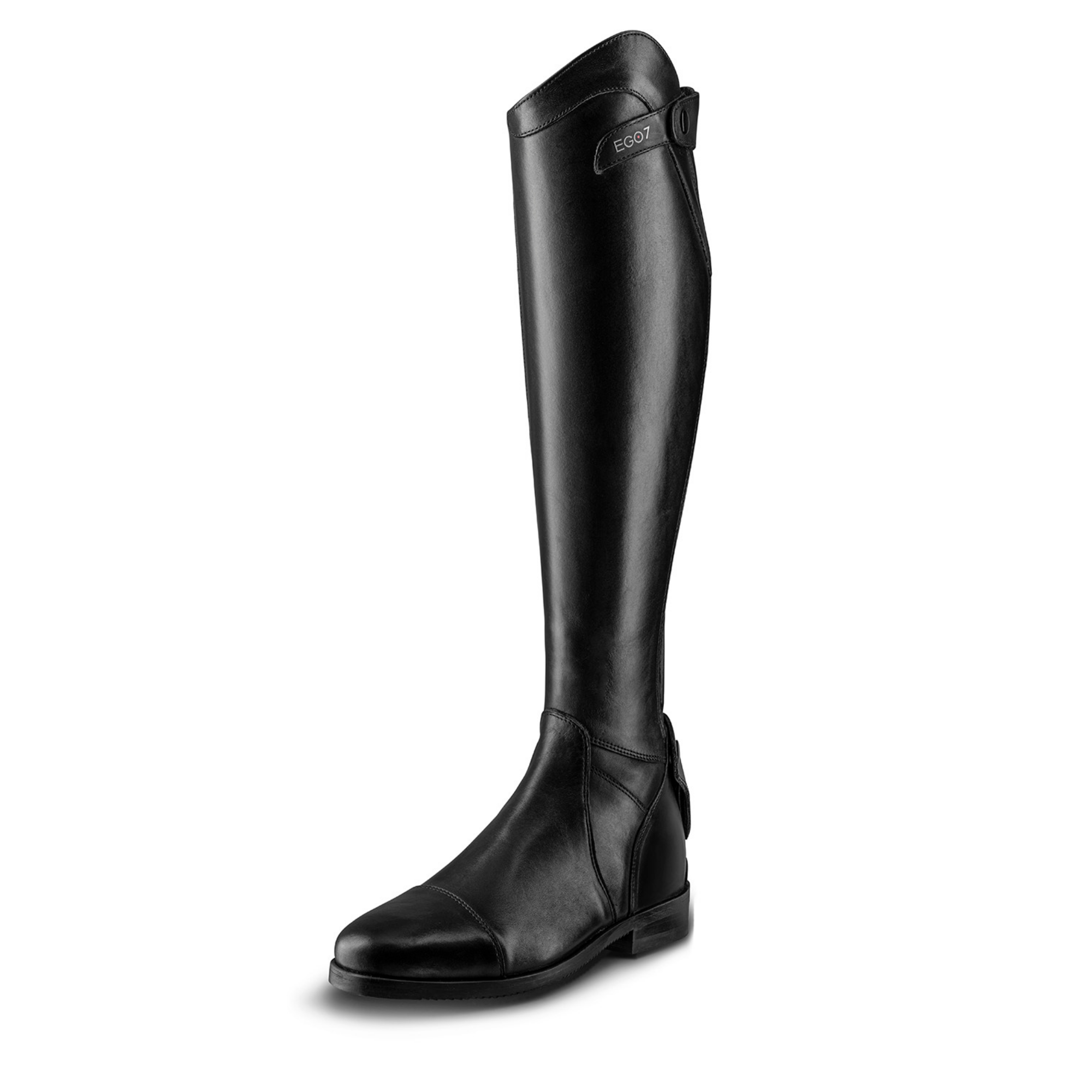 EGO7 Aries Dress Boot in black leather featuring E-Tex inner calf panel, YKK rear zipper, and triple spur rests for equestrian riders