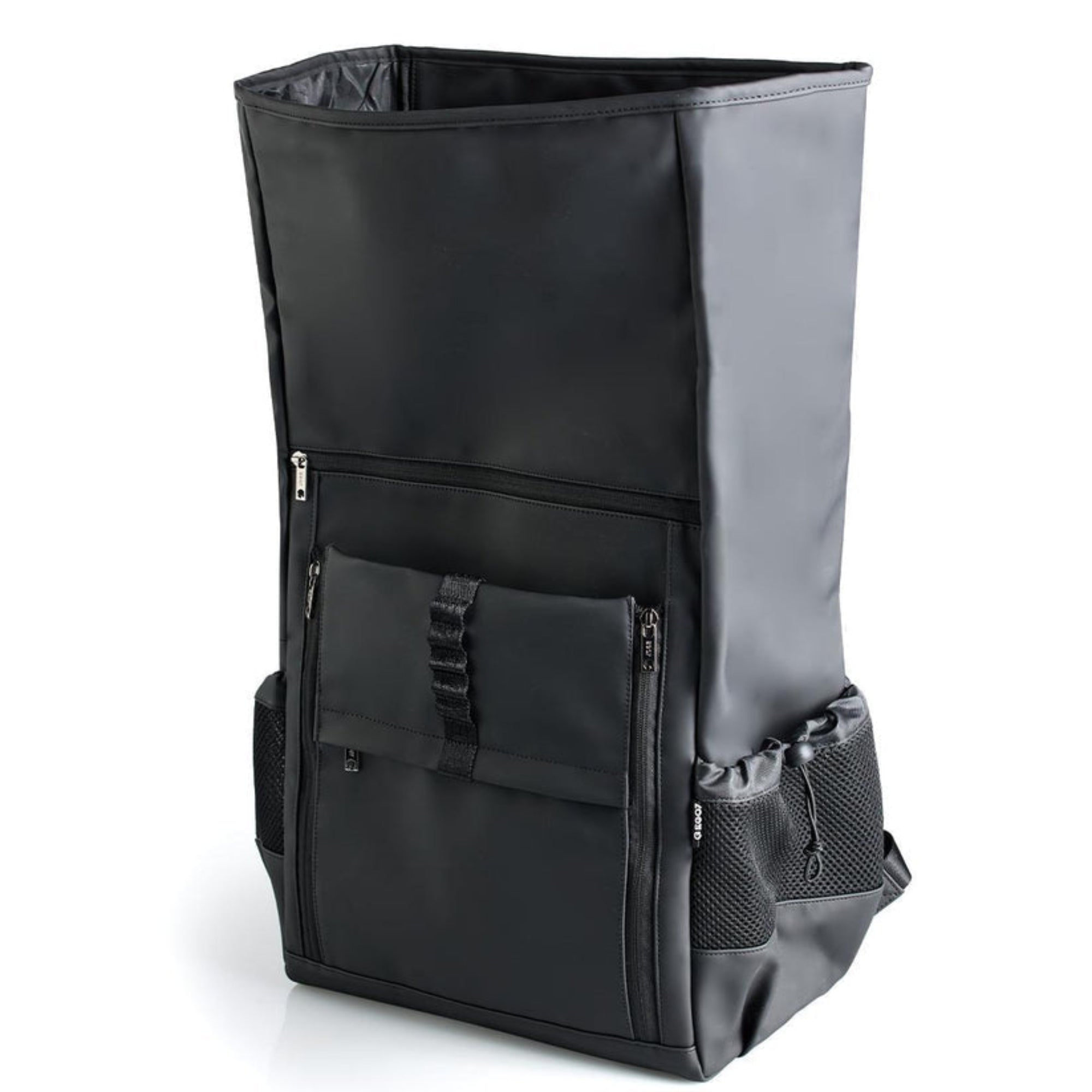 Front view of black waterproof EGO7 Axel equestrian backpack with laptop compartment