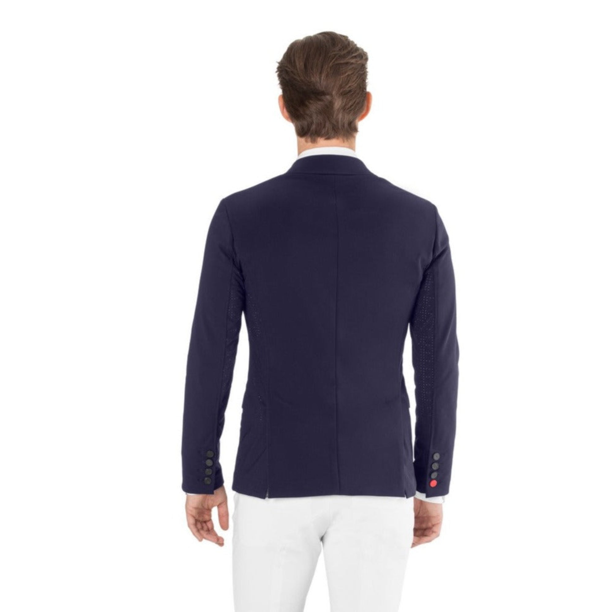 Back view of the EGO7 Be Air Men's Show Jacket in navy blue showing double rear vents, tailored competition fit, and breathable stretch fabric.