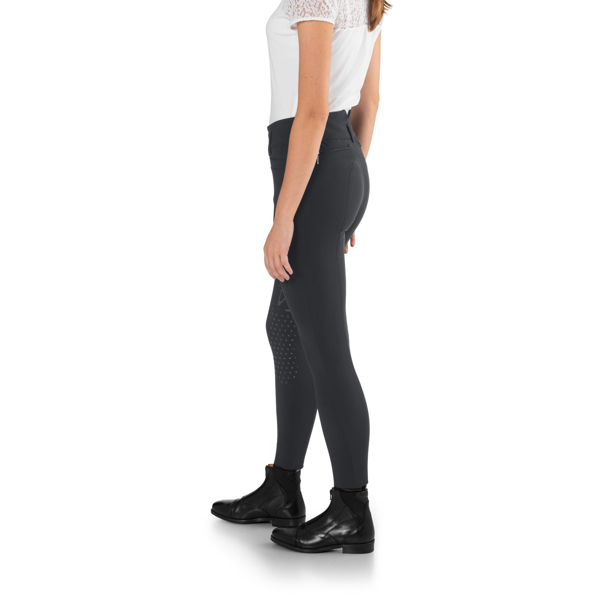 EGO7 Jumping CA Women's High-Waisted Knee Grip Breeches in Green Grey - Side Profile View