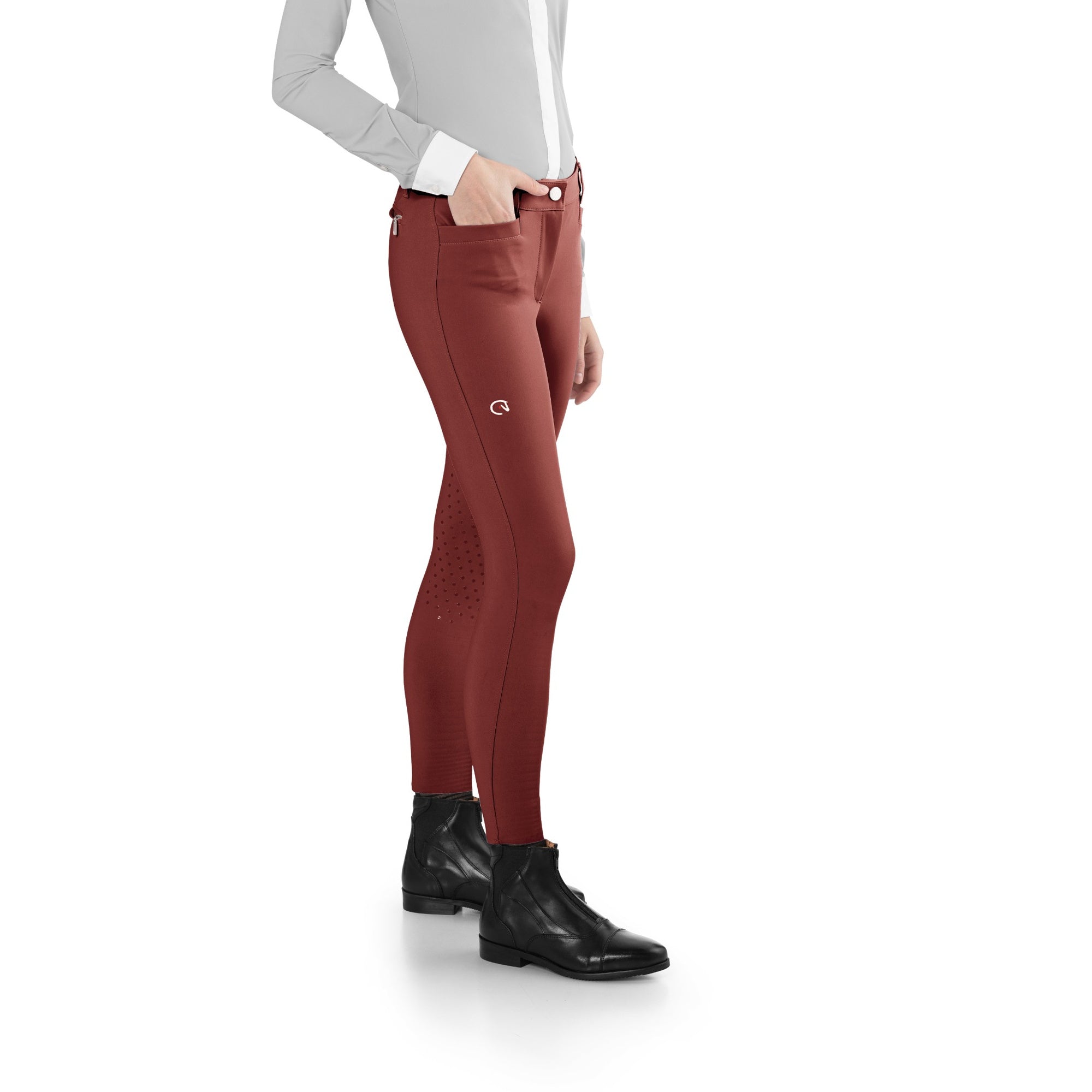 Side view of EGO7 EJ Women's Knee Grip Jumping Breeches in Brick.