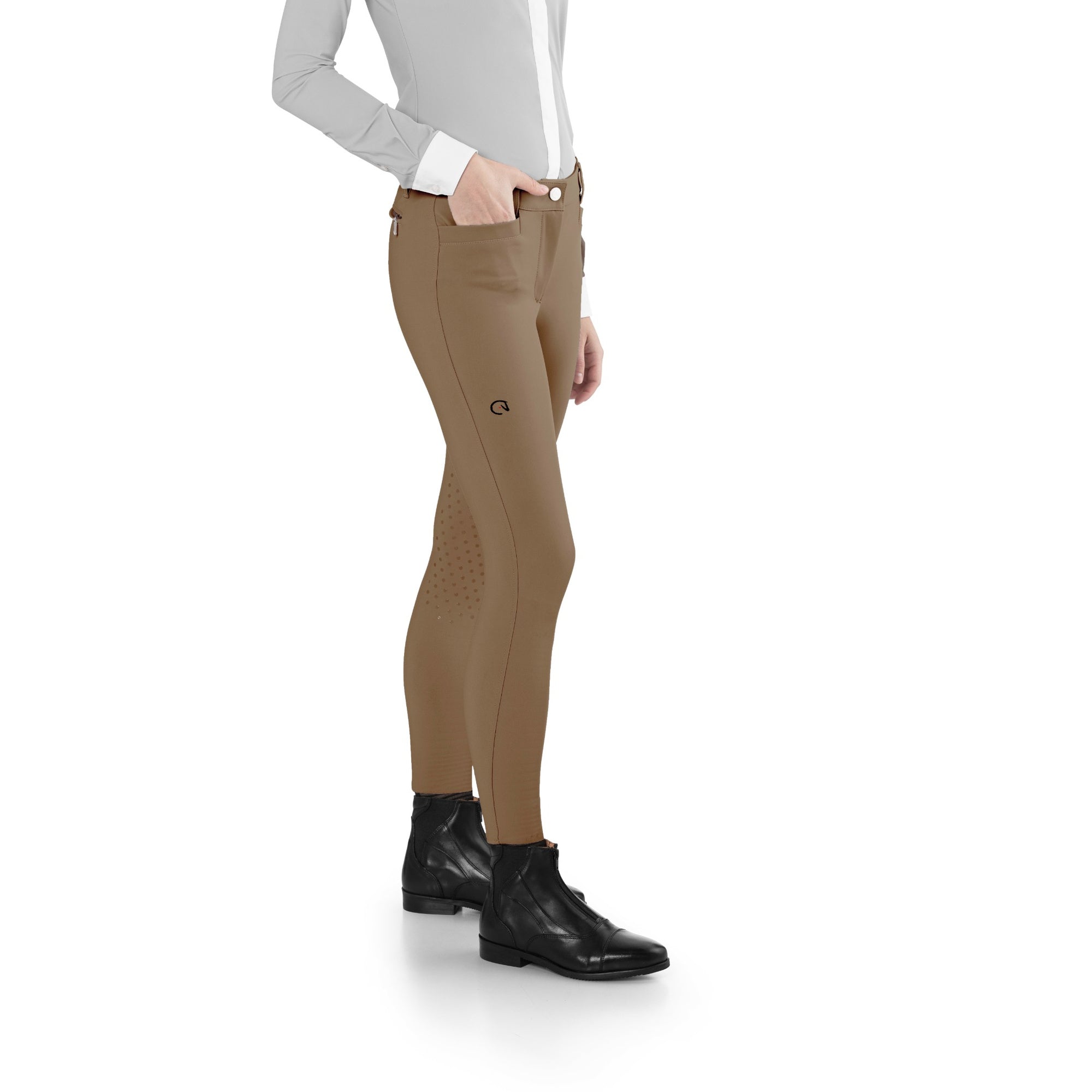 Side view of EGO7 EJ Women's Knee Grip Jumping Breeches in Hazelnut.
