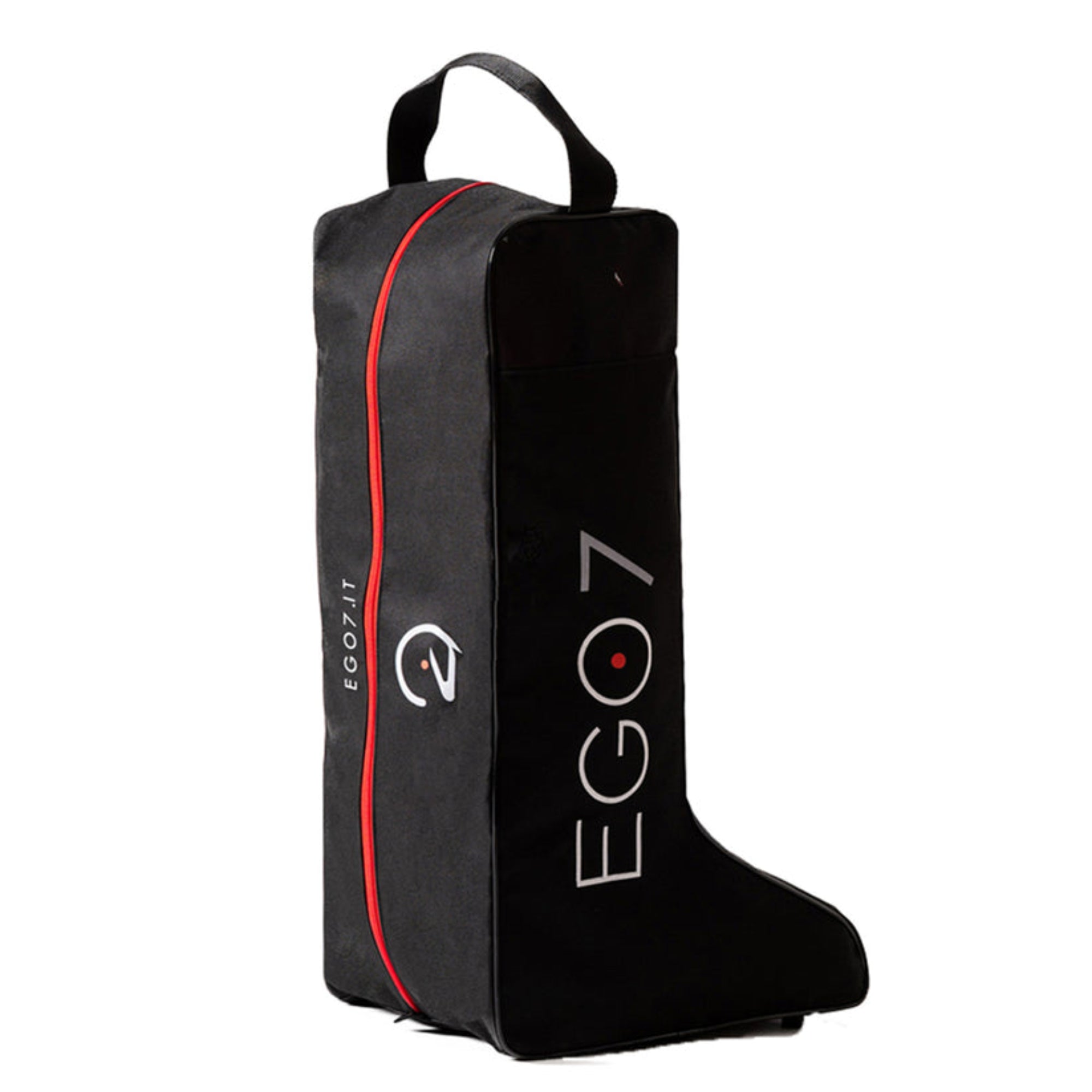 Black EGO7 Horse Head tall boot bag showing side logo, red zipper trim, and top handle.