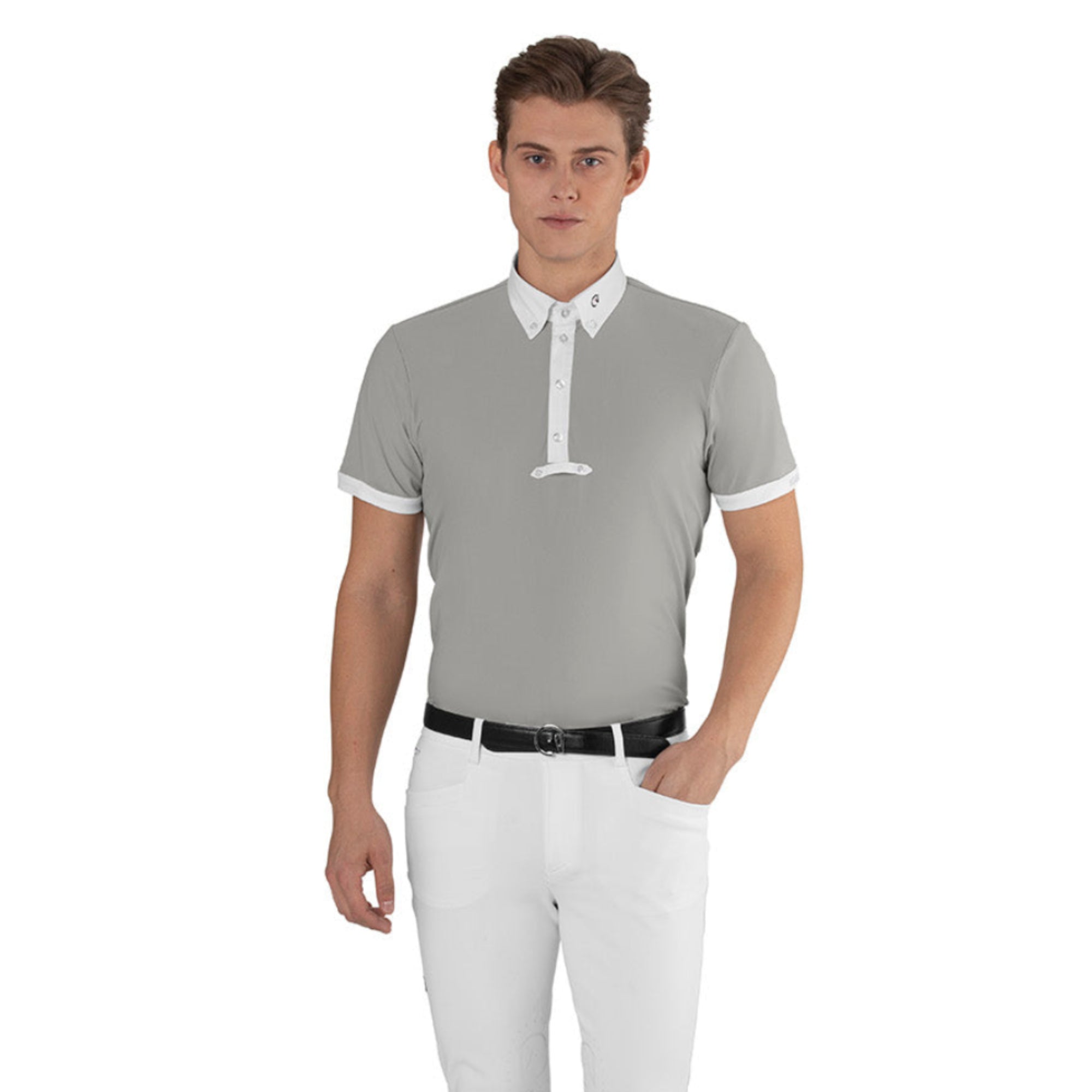 Male model wearing the EGO7 Men's Short Sleeve Show Shirt in Ice Grey with contrast white collar and placket