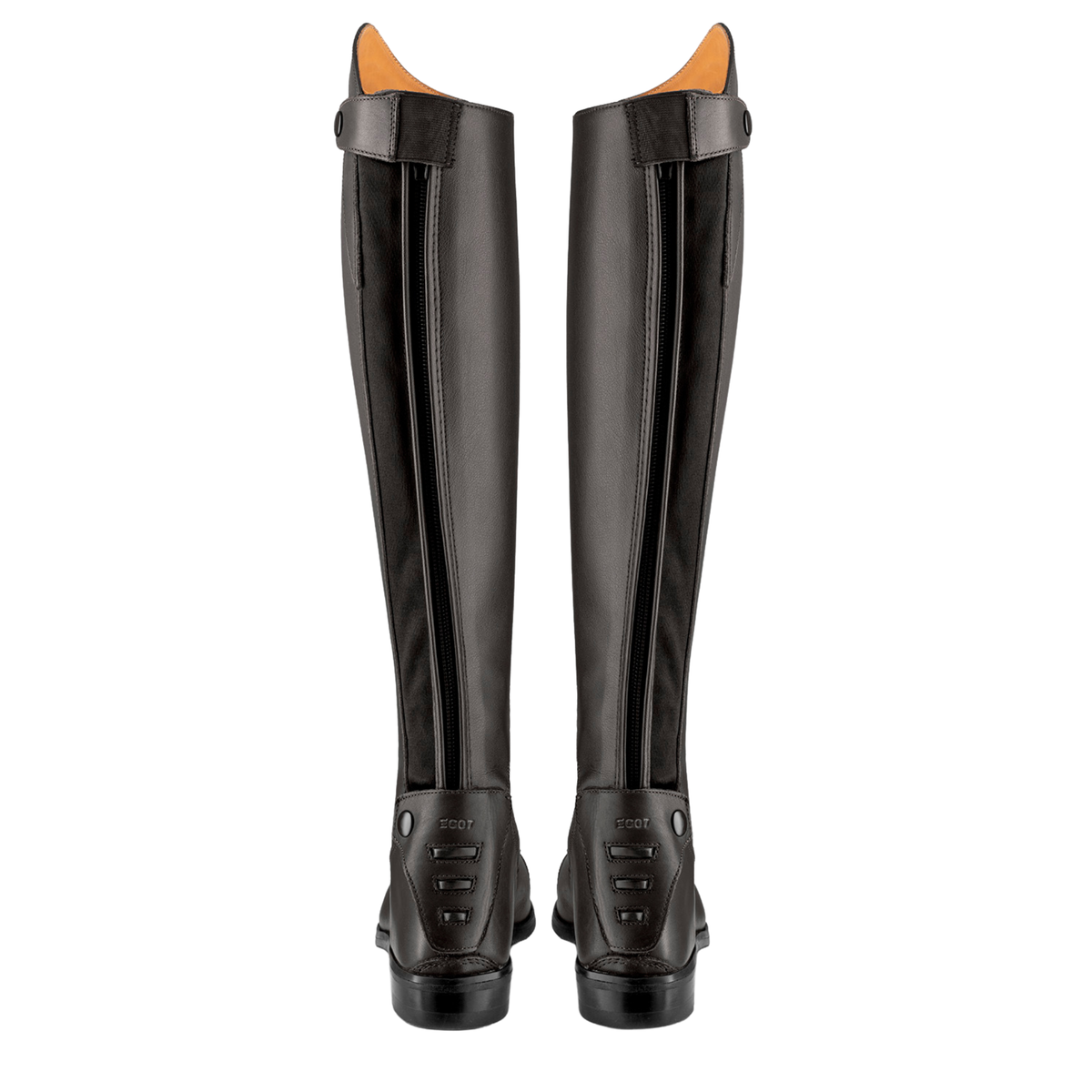 EGO7 Orion black leather equestrian tall riding boots rear view showing YKK zipper elastic panel and triple spur rests