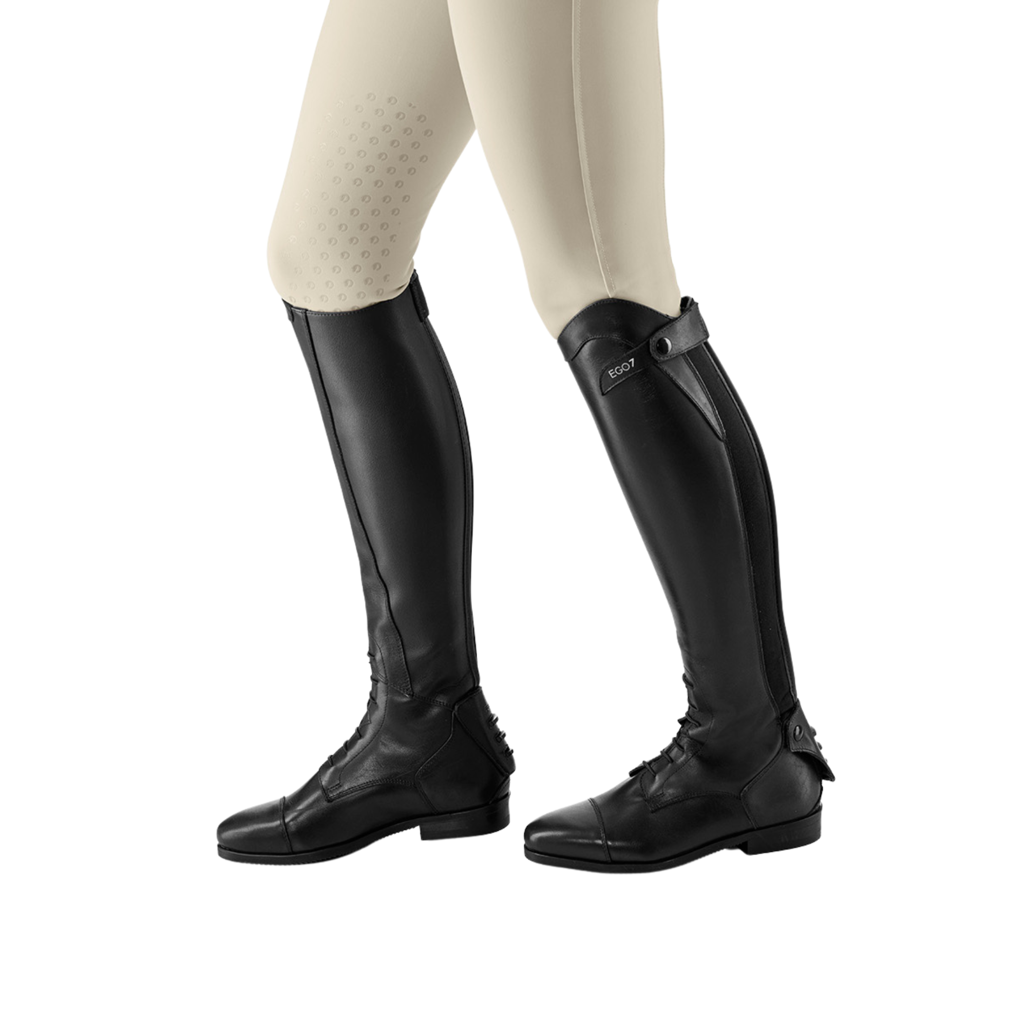 EGO7 Orion black leather equestrian tall riding boots worn with breeches side profile showing front laces and E-Tex calf panel