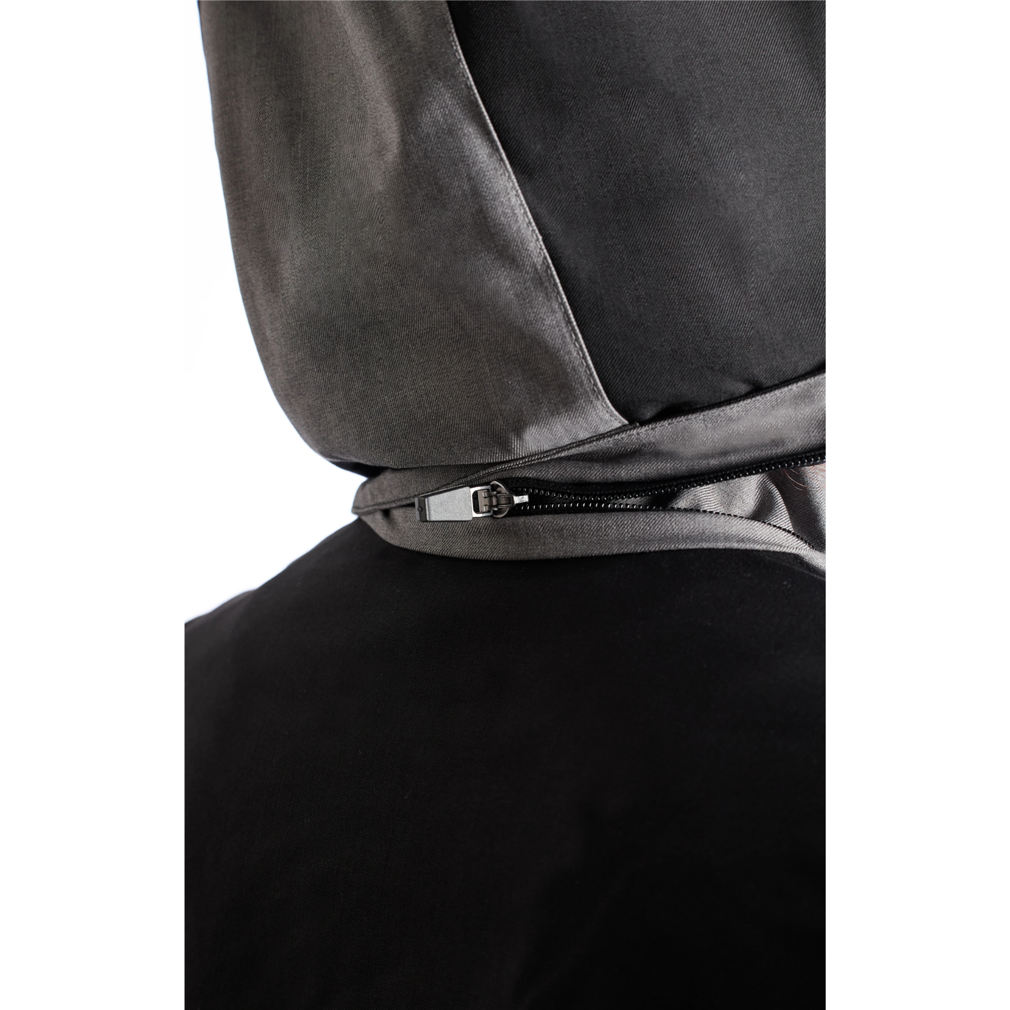 Close-up detail of the zipped collar and hood attachment on the EGO7 Skye women's equestrian jacket.