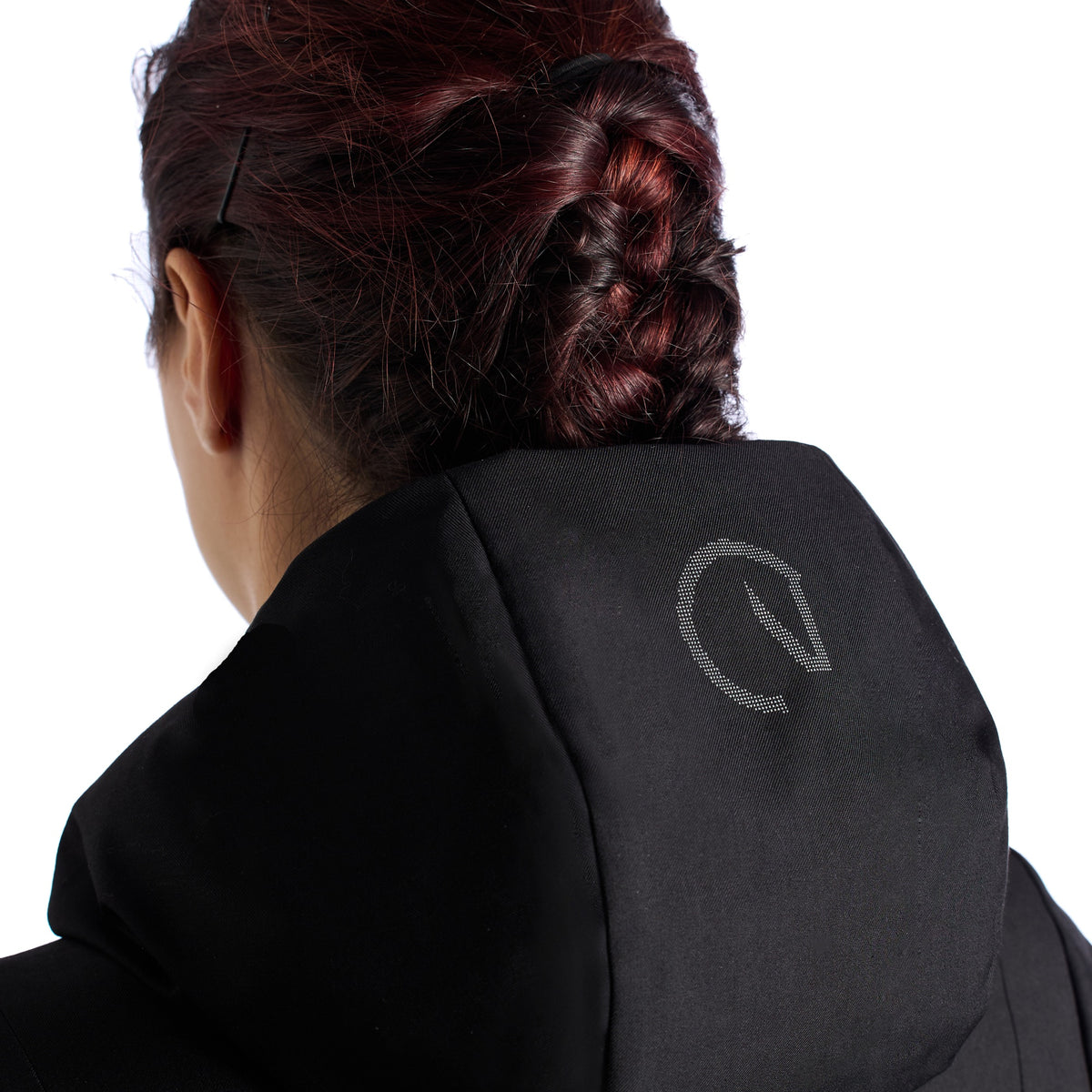EGO7 Women's Vivienne Long Parka - Black, hood logo close-up | Malvern Saddlery