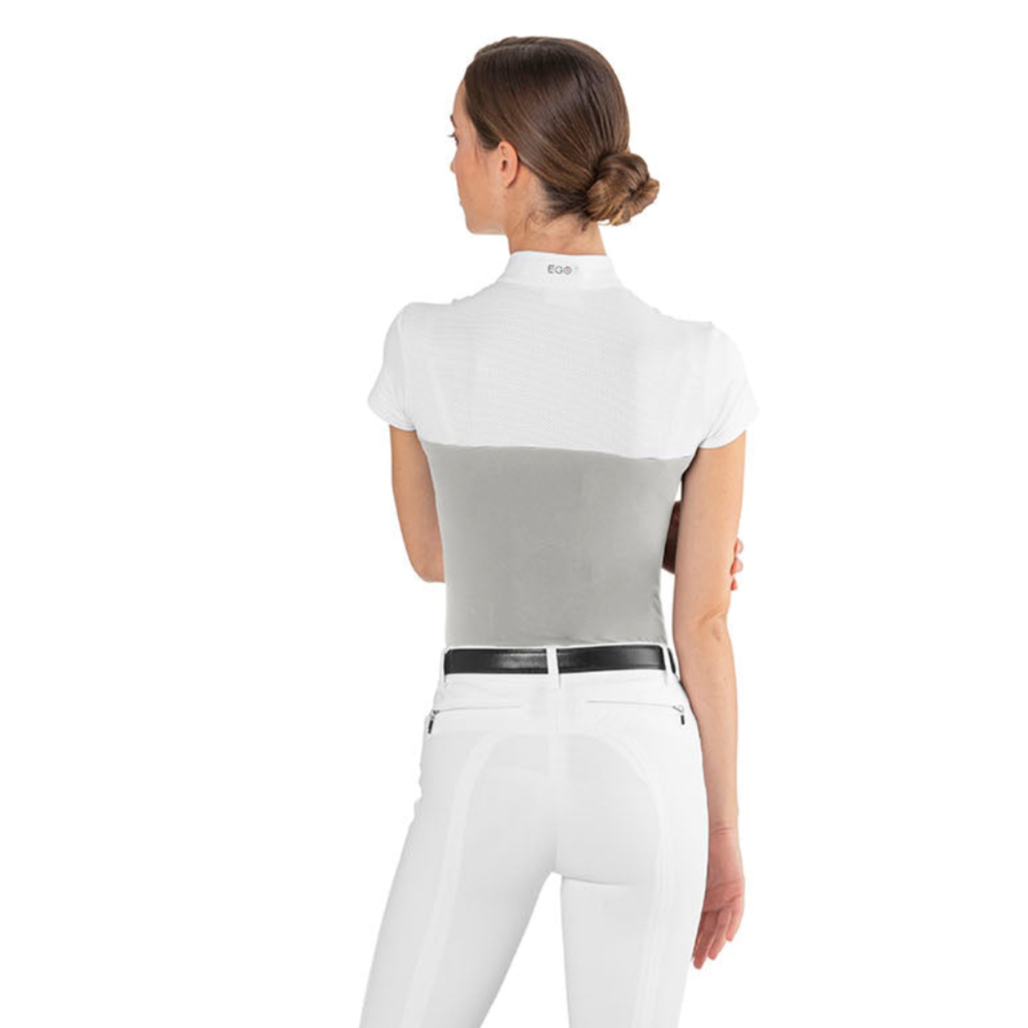 Back view of a female rider wearing the ice grey EGO7 Mesh Women's Short Sleeve Show Shirt with white mesh shoulders and stand-up collar