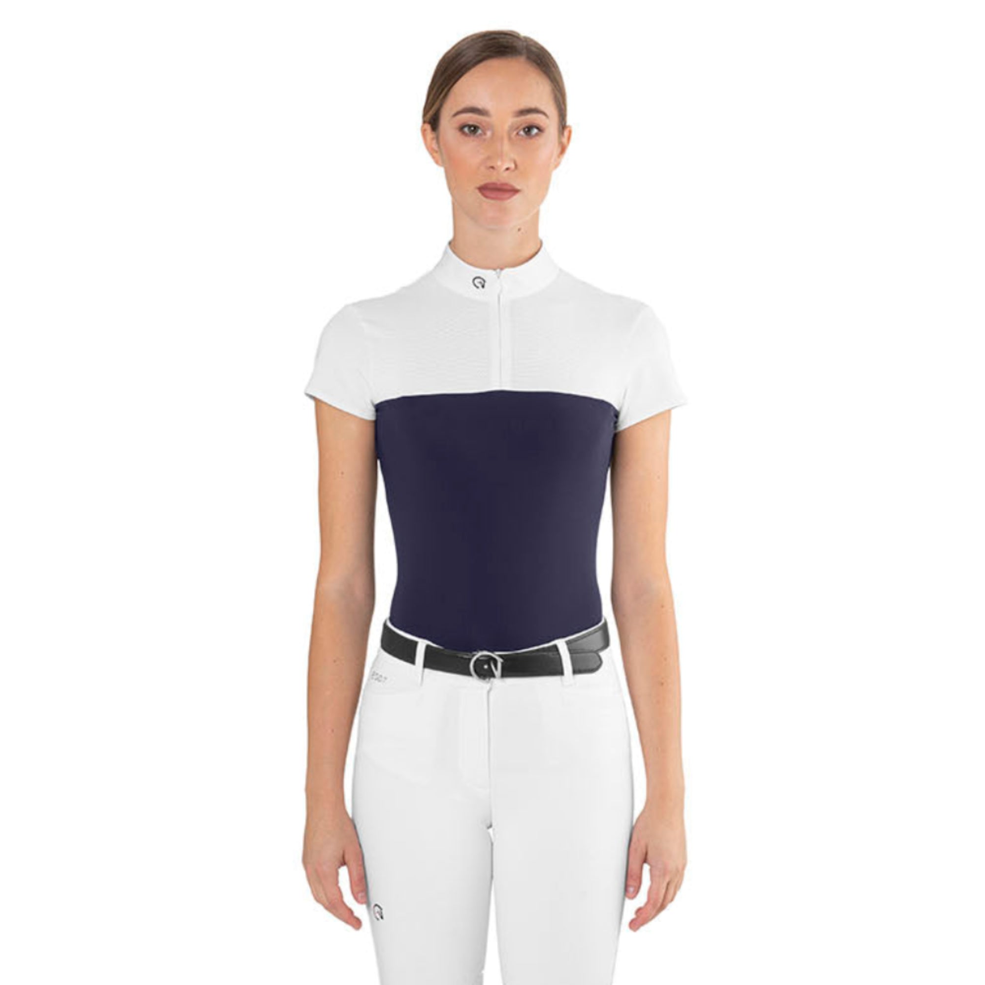 Front view of a female rider wearing the navy blue EGO7 Mesh Women's Short Sleeve Show Shirt with white mesh shoulders and stand-up collar