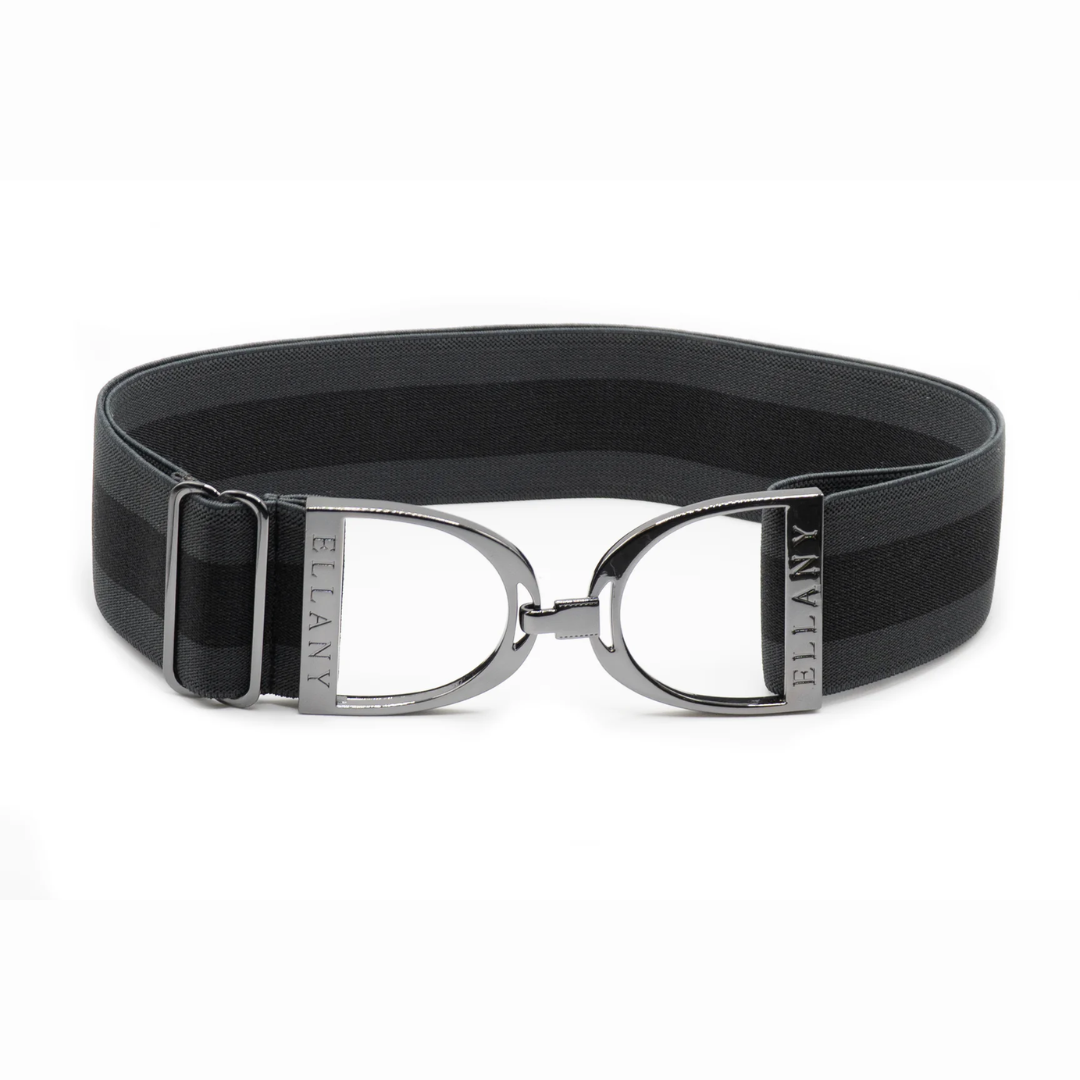 Ellany Elastic Belt with Stirrup Buckle; Charcoal Stripe with Gunmetal - 2" wide - Malvern Saddlery