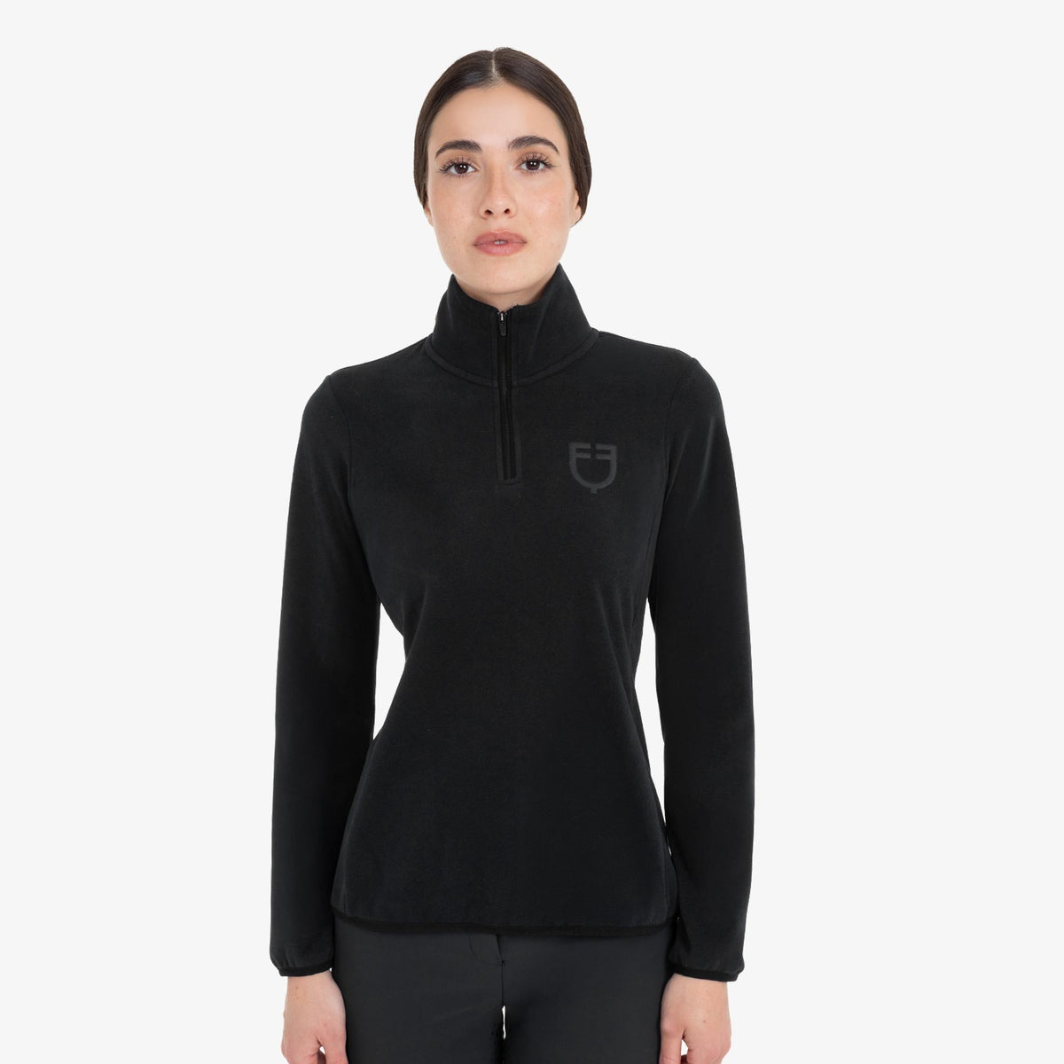 Equestro Women's High Neck Fleece 3/4 Zip Sweatshirt in Black front view