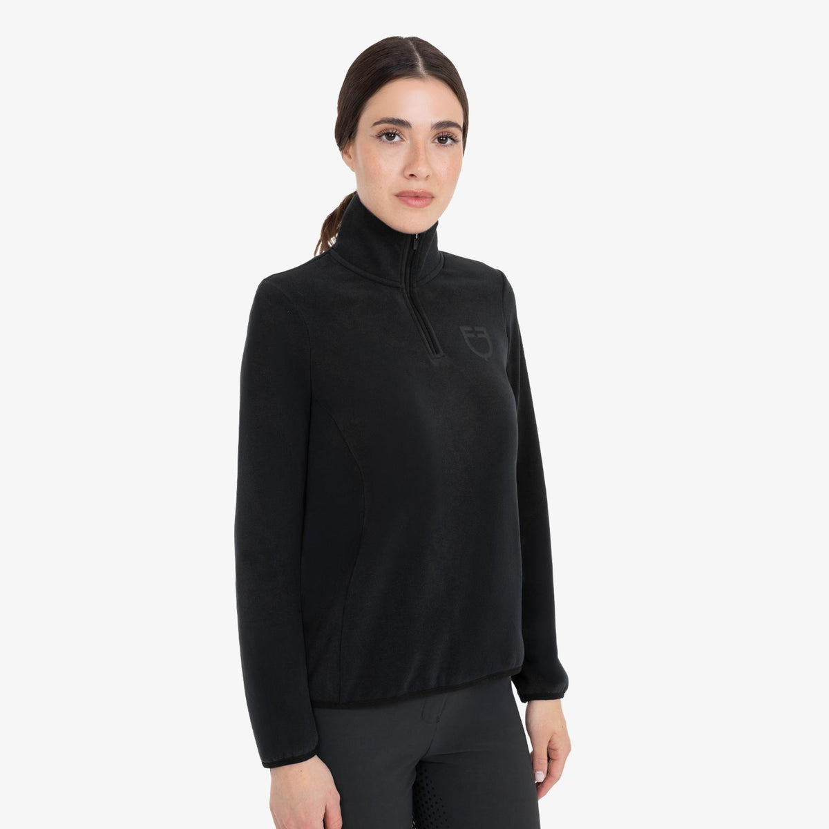Equestro Women's High Neck Fleece 3/4 Zip Sweatshirt in Black side view