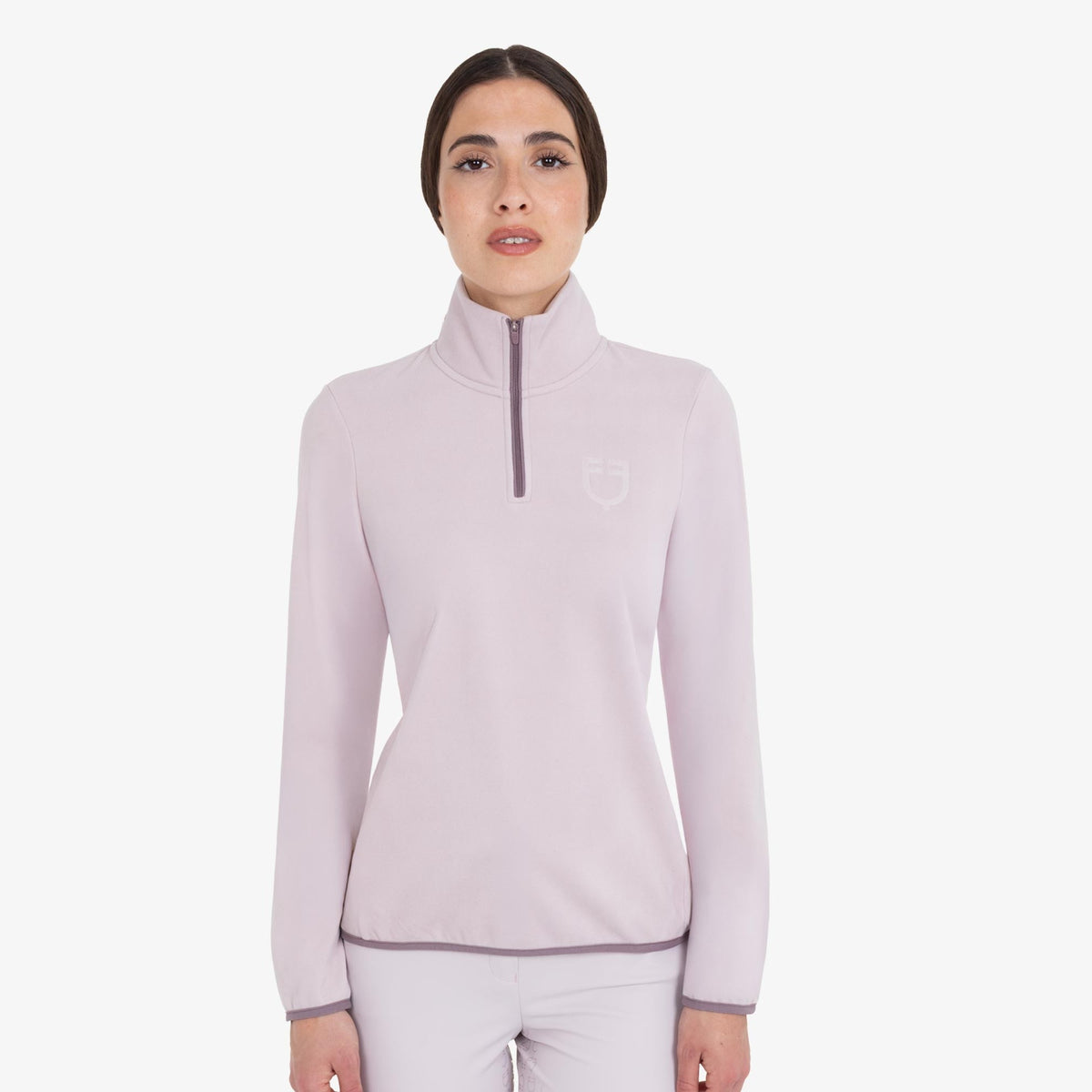 Equestro Women's High Neck Fleece 3/4 Zip Sweatshirt in Hushed Violet front view