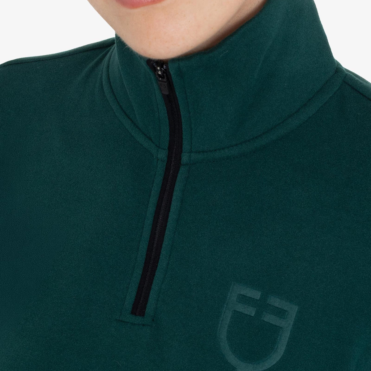 Equestro Women's High Neck Fleece 3/4 Zip Sweatshirt in Pine Grove collar and logo close up