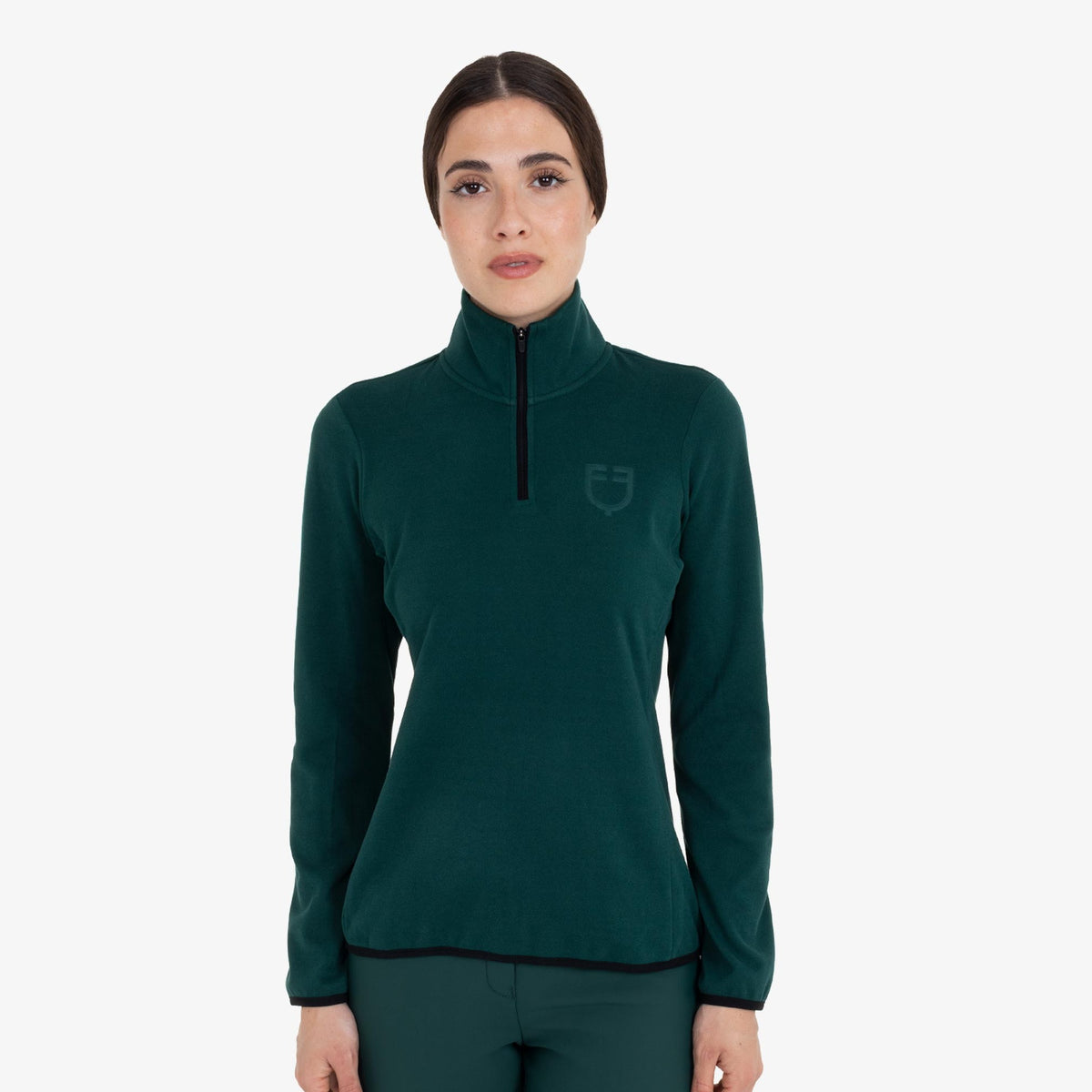 Equestro Women's High Neck Fleece 3/4 Zip Sweatshirt in Pine Grove front view