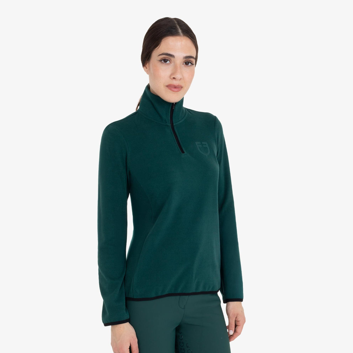 Equestro Women's High Neck Fleece 3/4 Zip Sweatshirt in Pine Grove side view