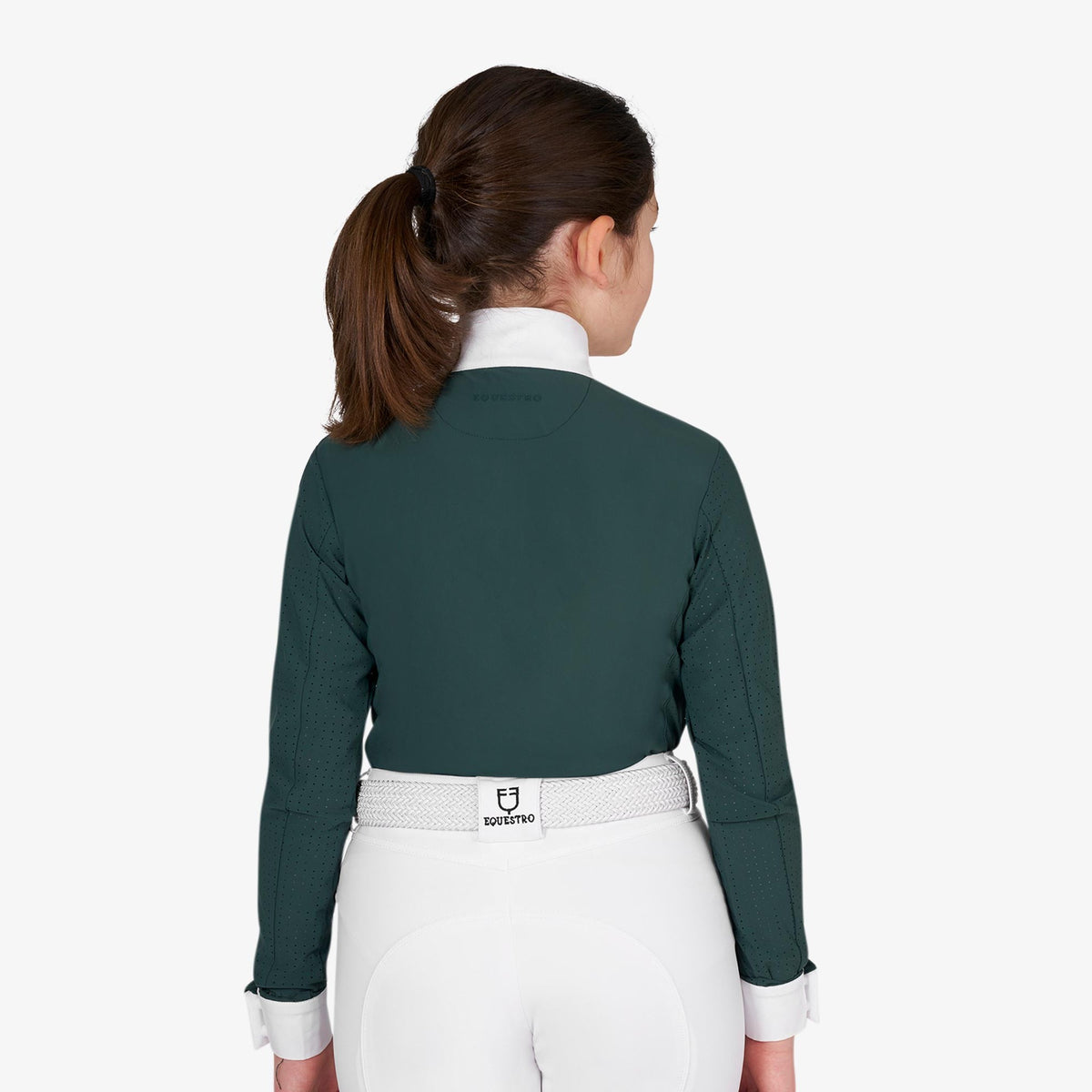 Equestro Girls' Long Sleeve Competition Polo in Pine Grove back view