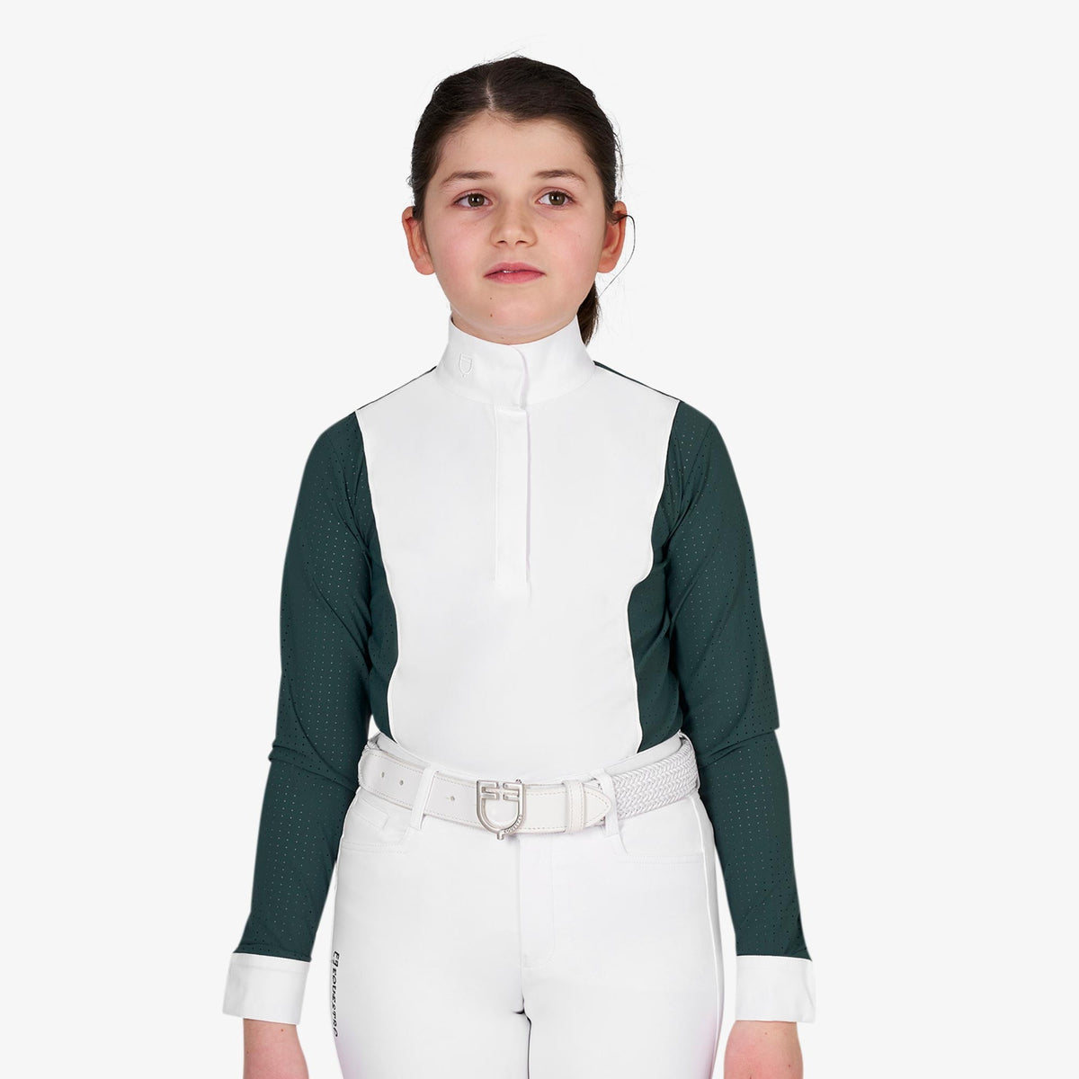 Equestro Girls' Long Sleeve Competition Polo in Pine Grove front view