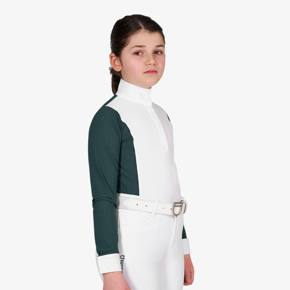 Equestro Girls' Long Sleeve Competition Polo in Pine Grove side view