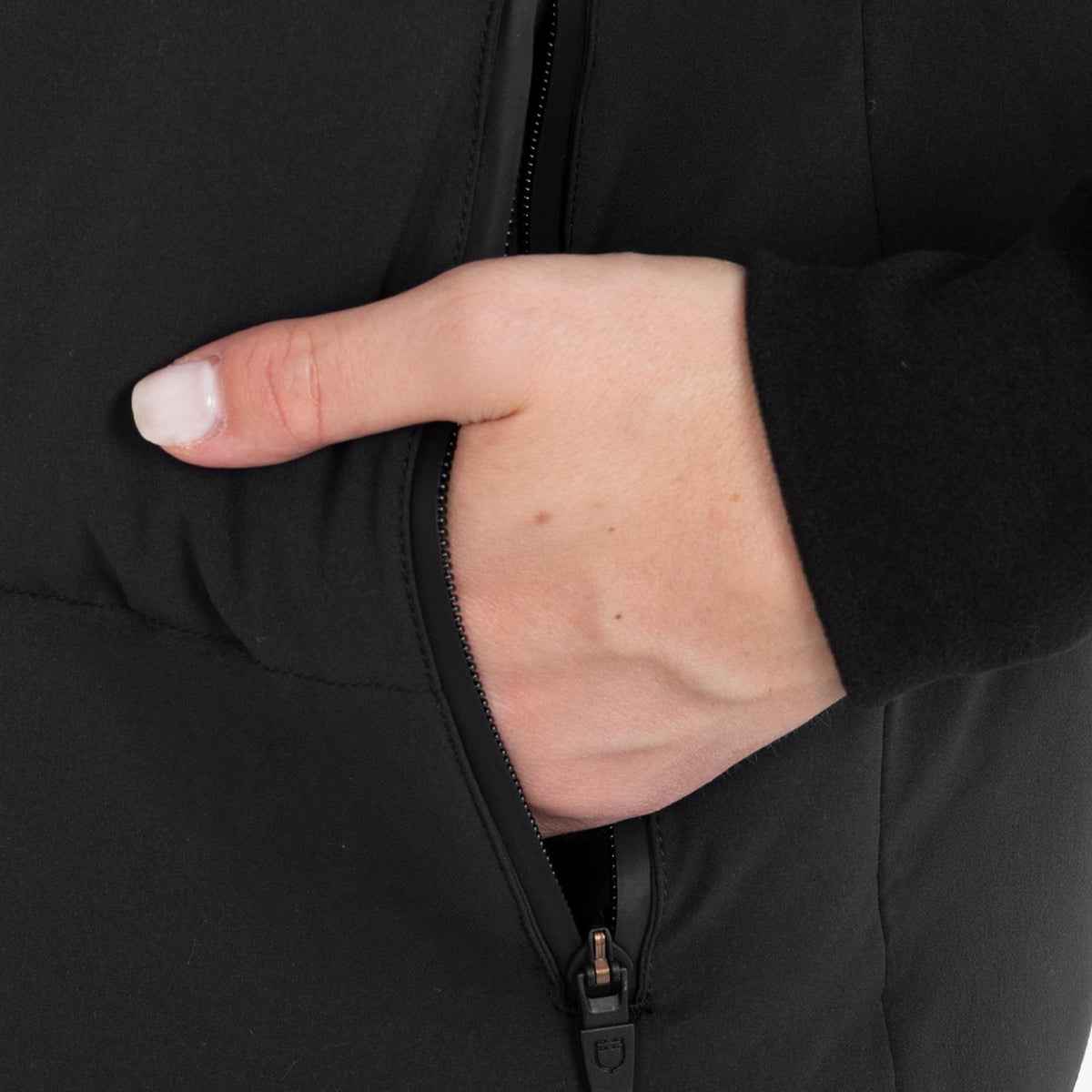 Equestro Women's High Collar Padded Vest in Black side pocket close up
