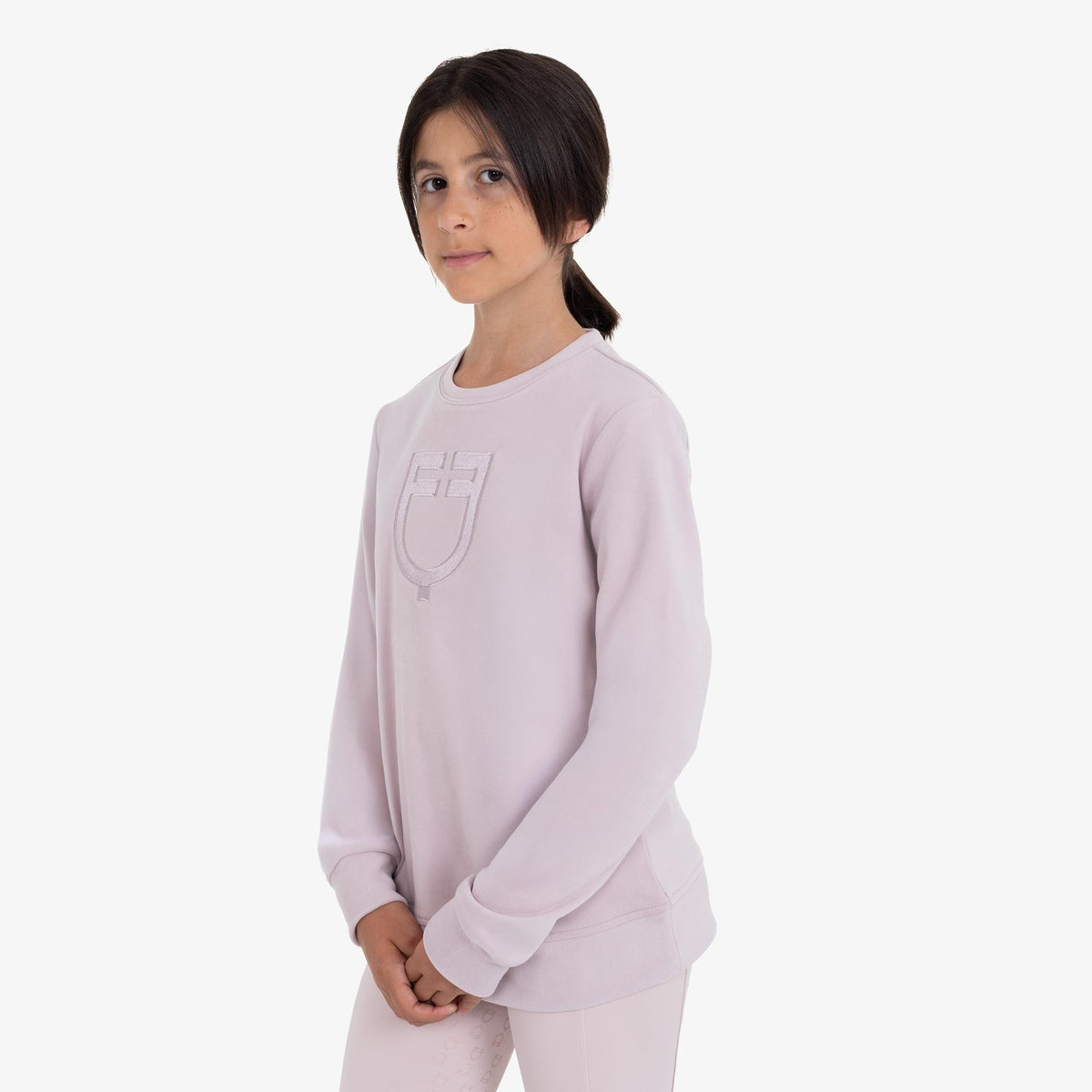 Equestro Kids' Unisex Crewneck Fleece Sweatshirt in Hushed Violet side view