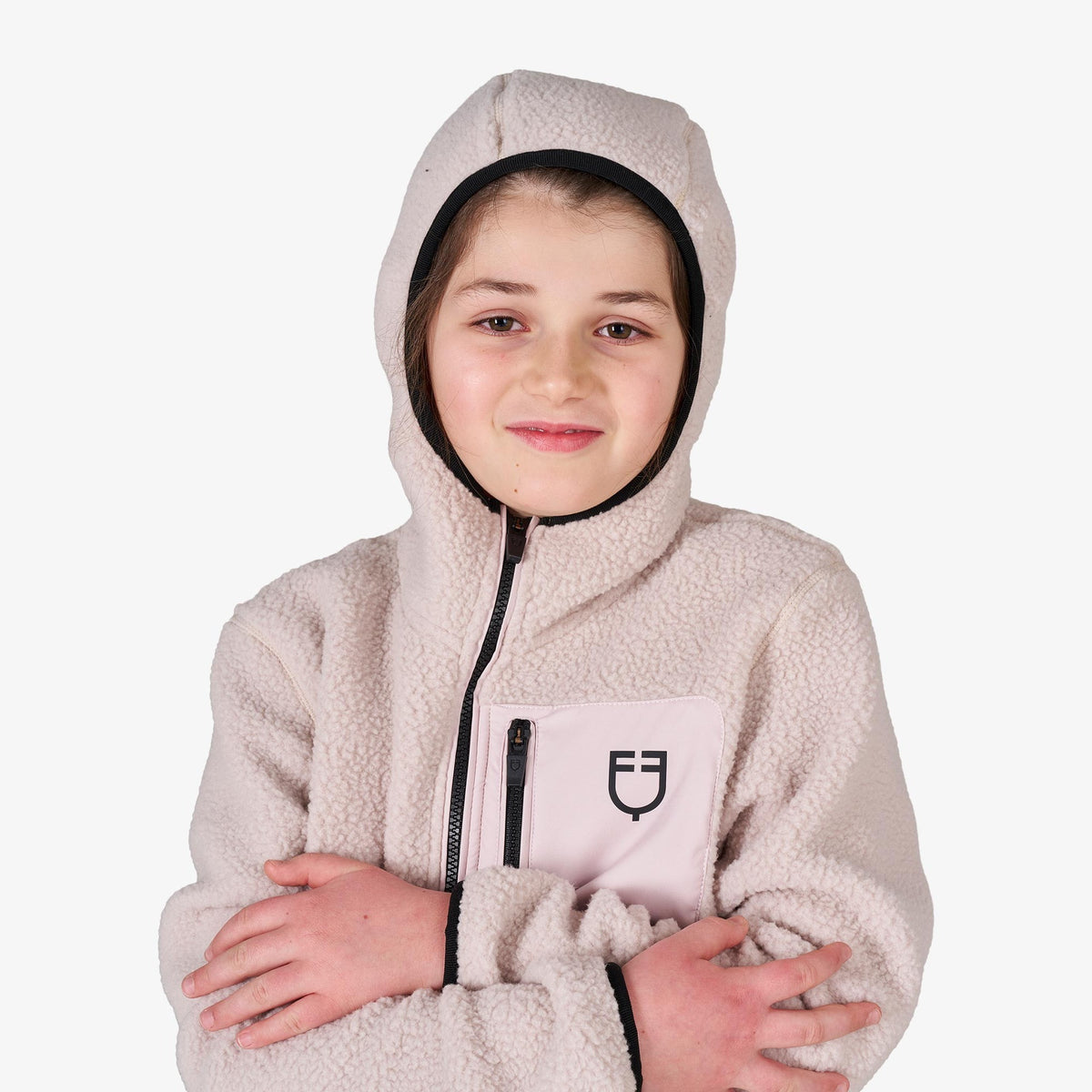 Equestro Kids' Unisex Teddy Fleece Zip Hoodie in Hushed Violet worn with the hood up