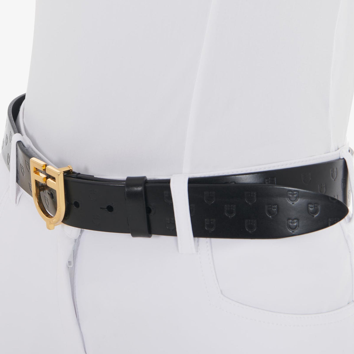 Equestro Leather Logo Belt with Logo Buckle - Black/Gold, worn, side view | Malvern Saddlery