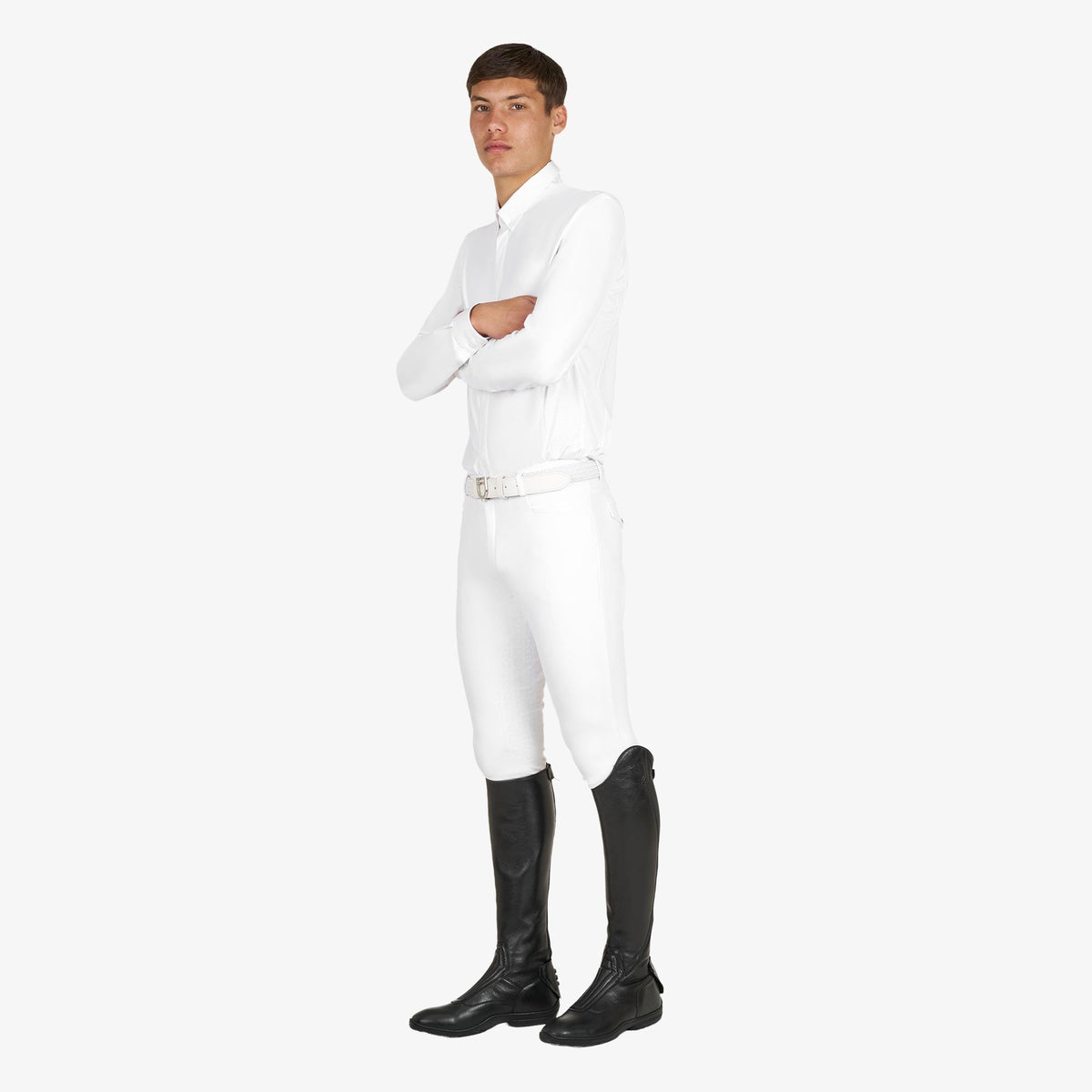 Equestro Men's Long Sleeve Competition Shirt in White worn with breeches and tall boots
