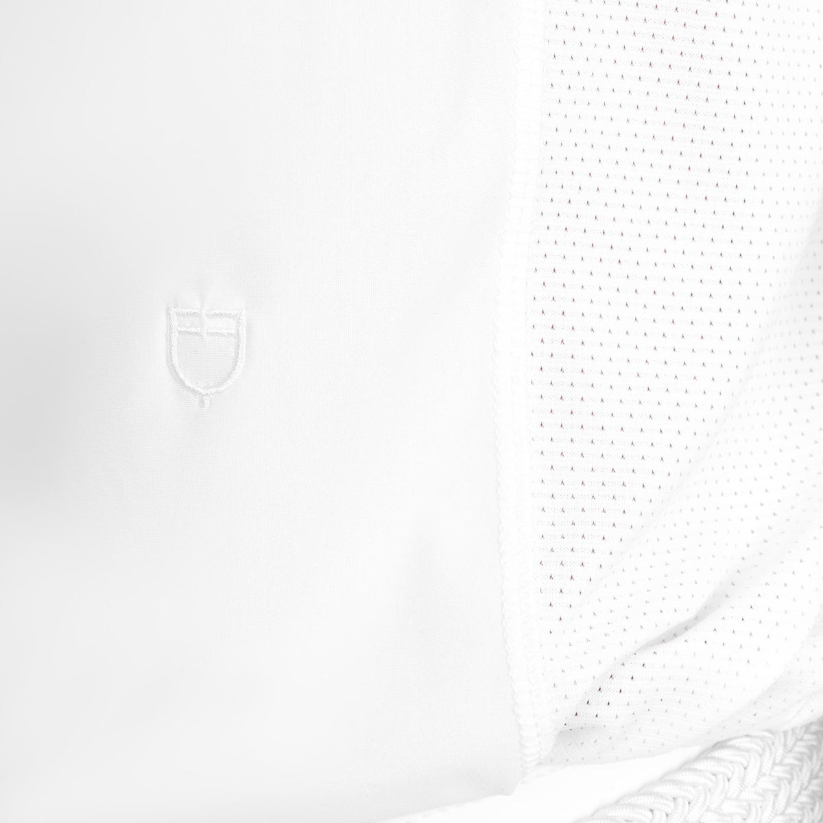 Equestro Men's Long Sleeve Competition Shirt mesh side panel and logo close up