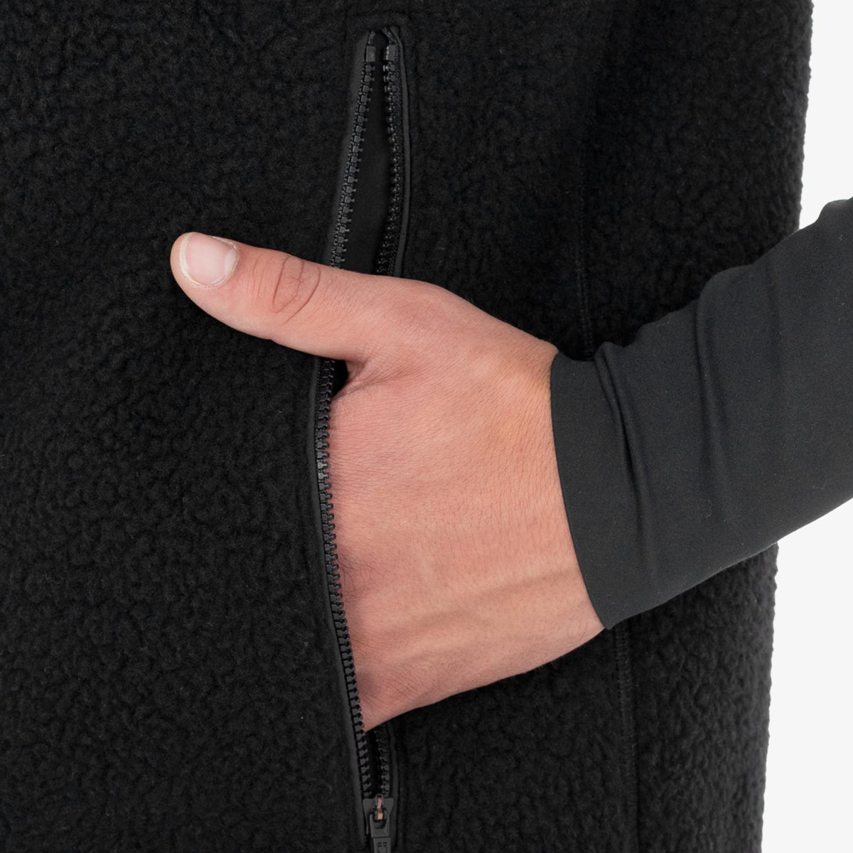 Equestro Men's Teddy Fleece Vest in Black side zip pocket close up