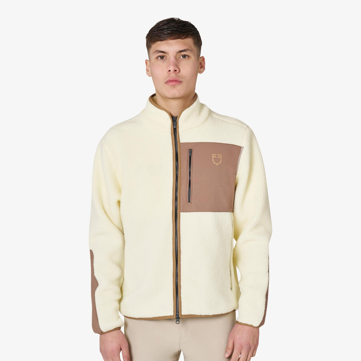 Equestro Men's Teddy Fleece Zip Sweatshirt in Antique White front view