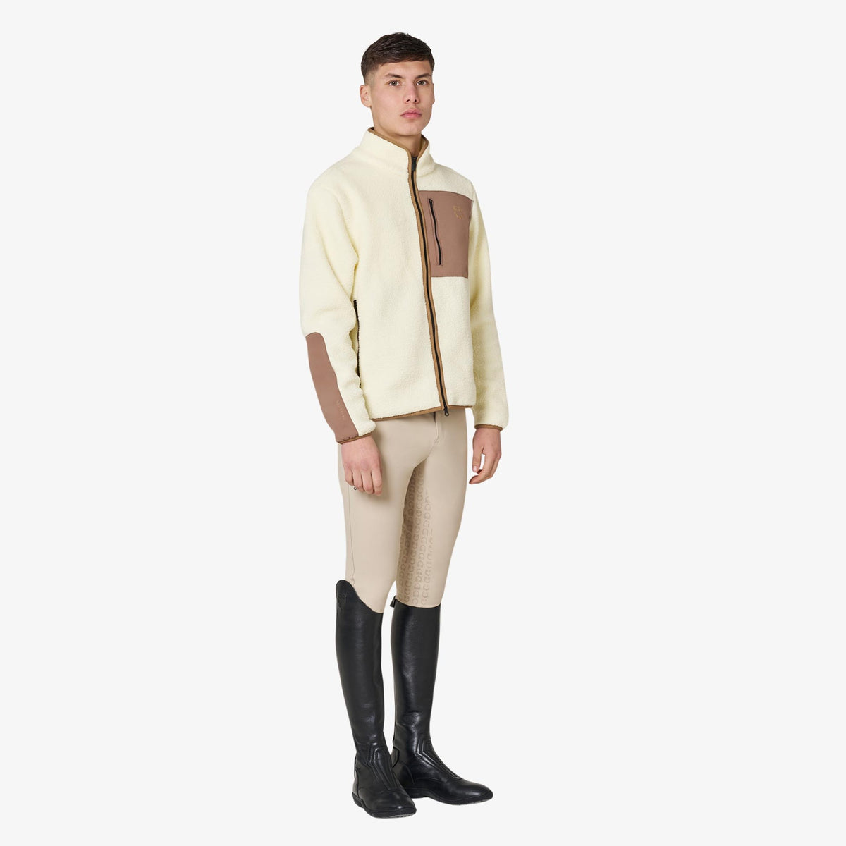 Equestro Men's Teddy Fleece Zip Sweatshirt in Antique White worn with breeches and tall boots