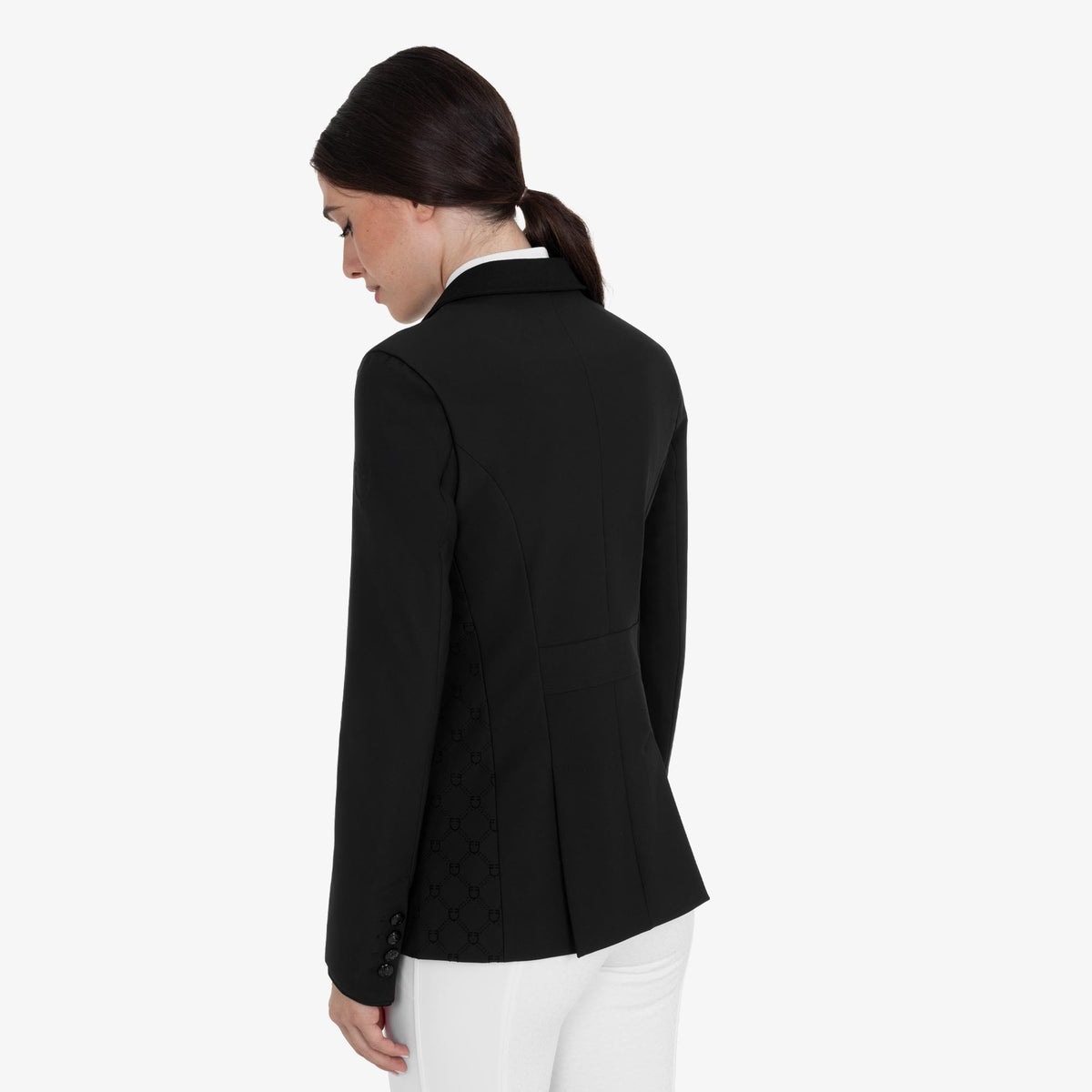 Equestro Women's Monogram Velvet Competition Jacket in Black back view